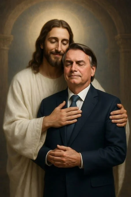 Camiseta Babylook Jesus Abraçando Homem de Terno 100% - Imagem 5