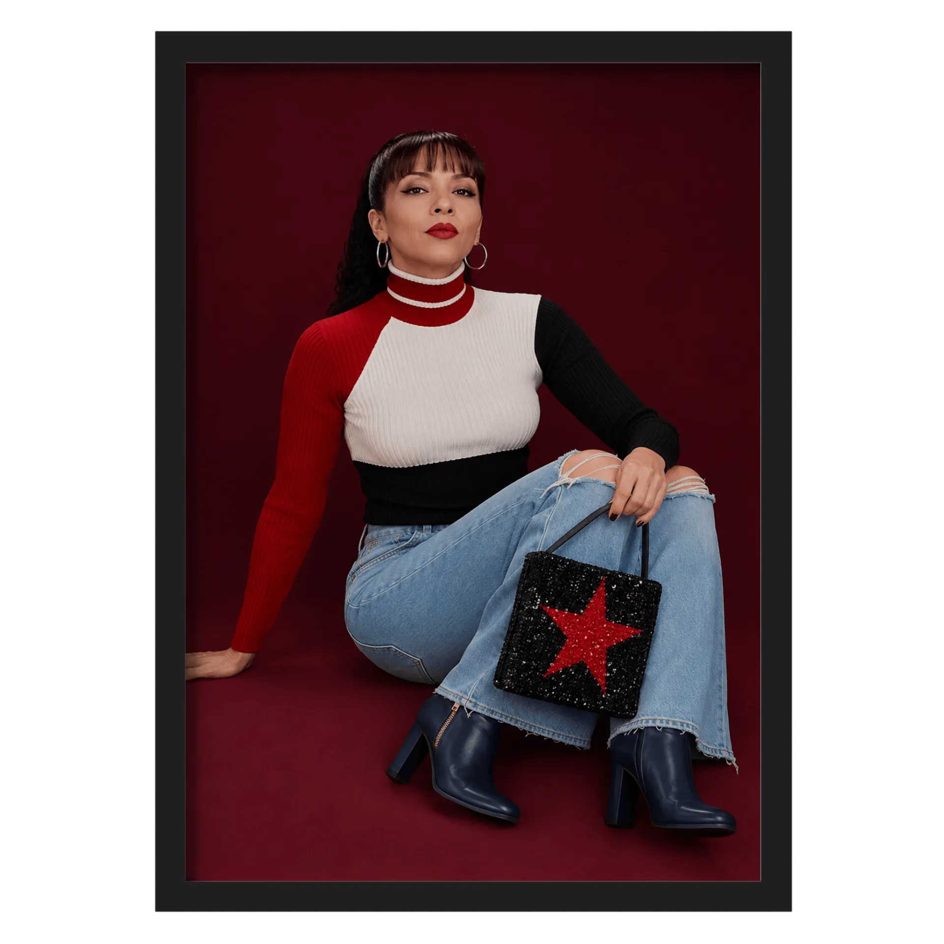 Quadro Retrô Mulher Estilosa Vermelho A3 Com Vidro MDF e - Imagem 1