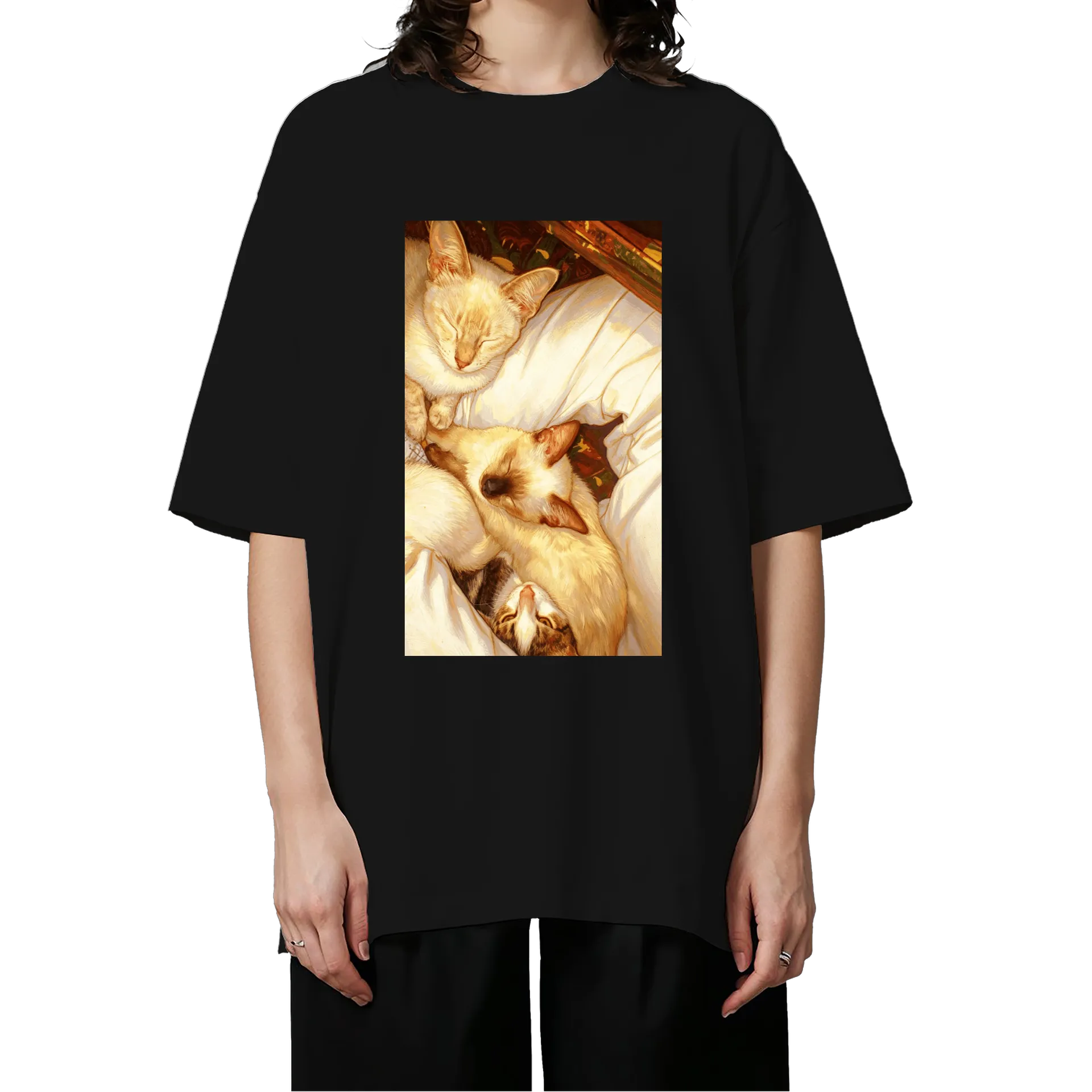 Camiseta Oversized Estampa Gato Astronauta Preto 100% - Imagem 3