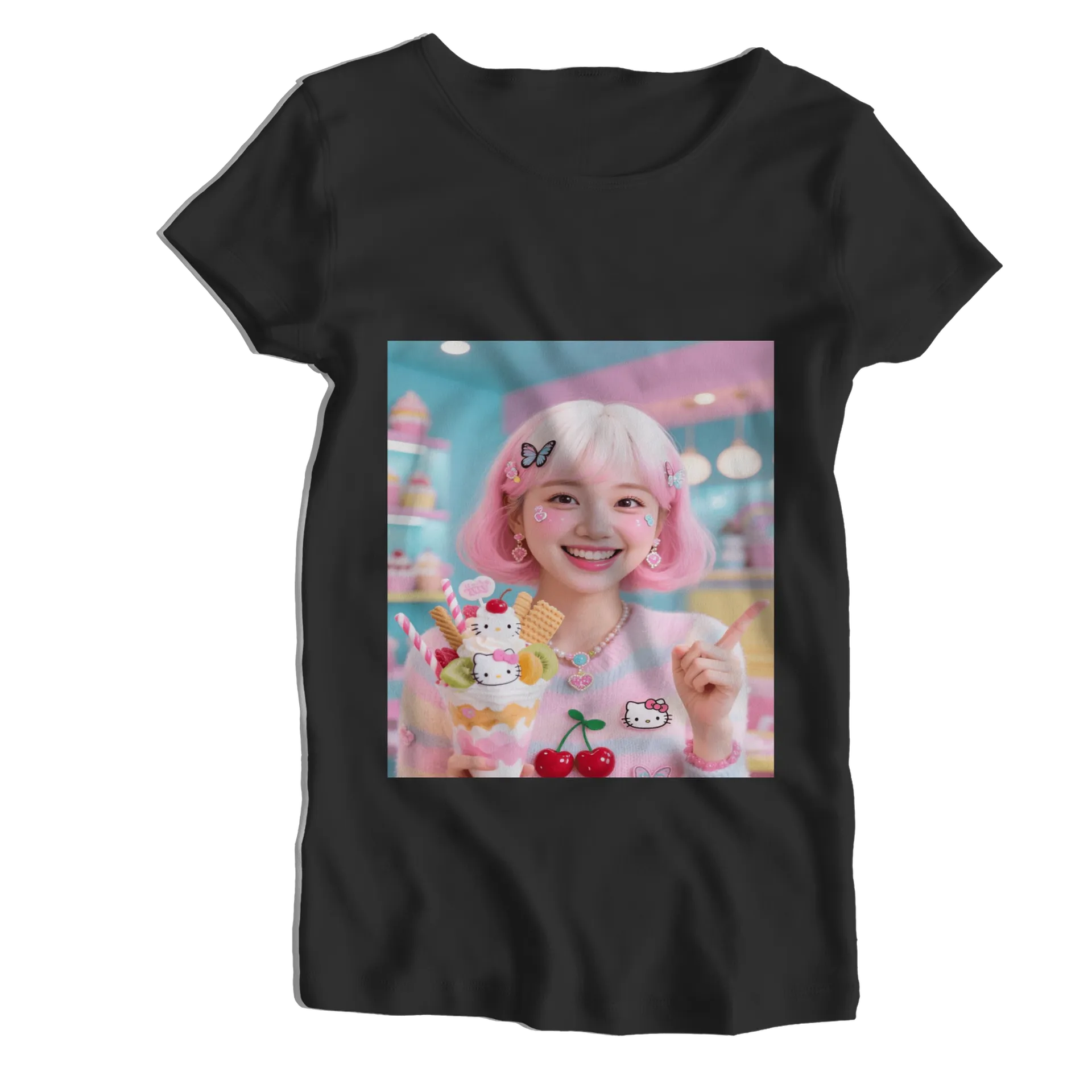 Camiseta Babylook Hello Kitty Cerejas e Borboletas 100% - Imagem 1