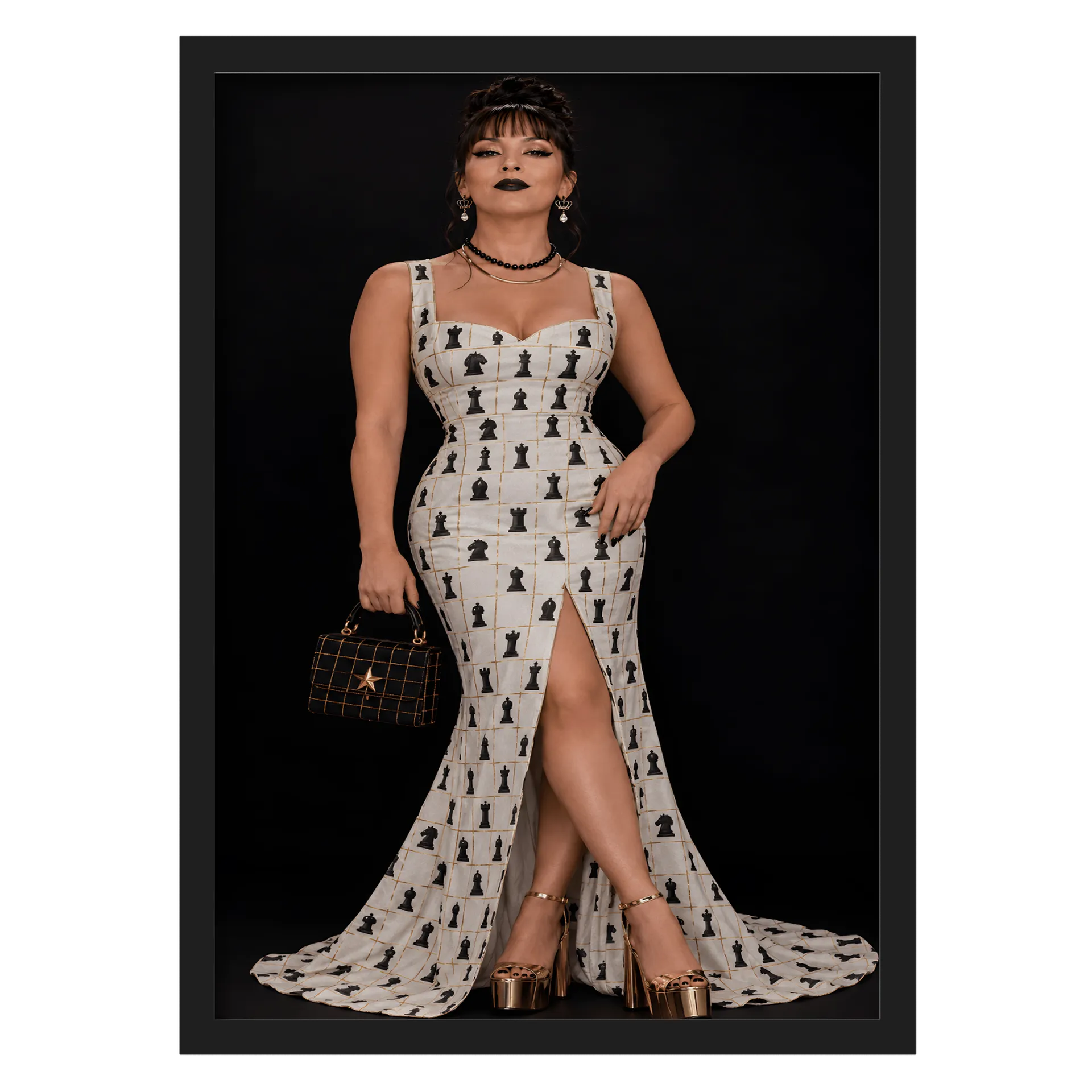 Quadro Mulher Elegante Vestido Listrado A3 MDF e Vidro - Imagem 1
