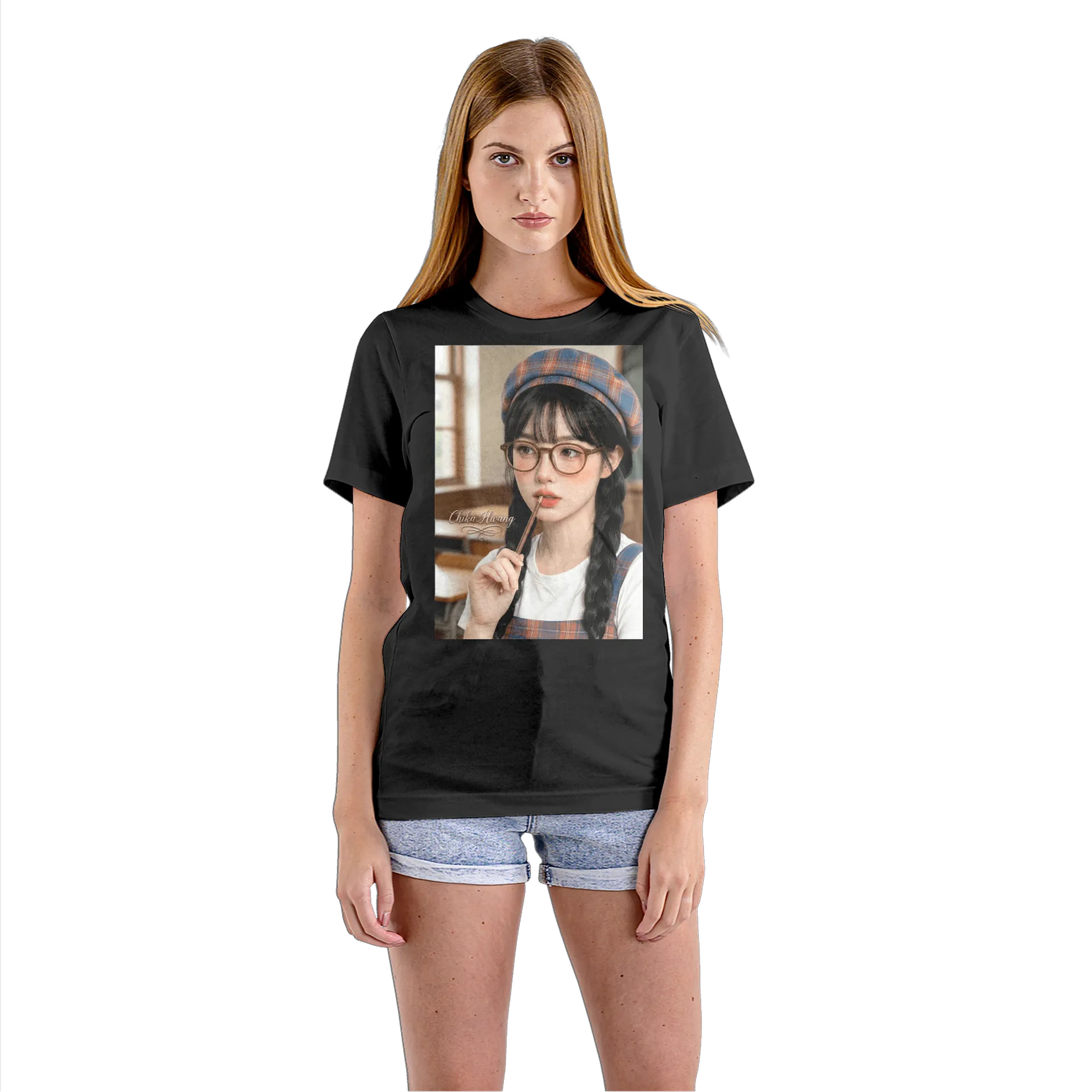 Camiseta Babylook Retrato Ilustrado Chika Hwang Xadrez - Imagem 3