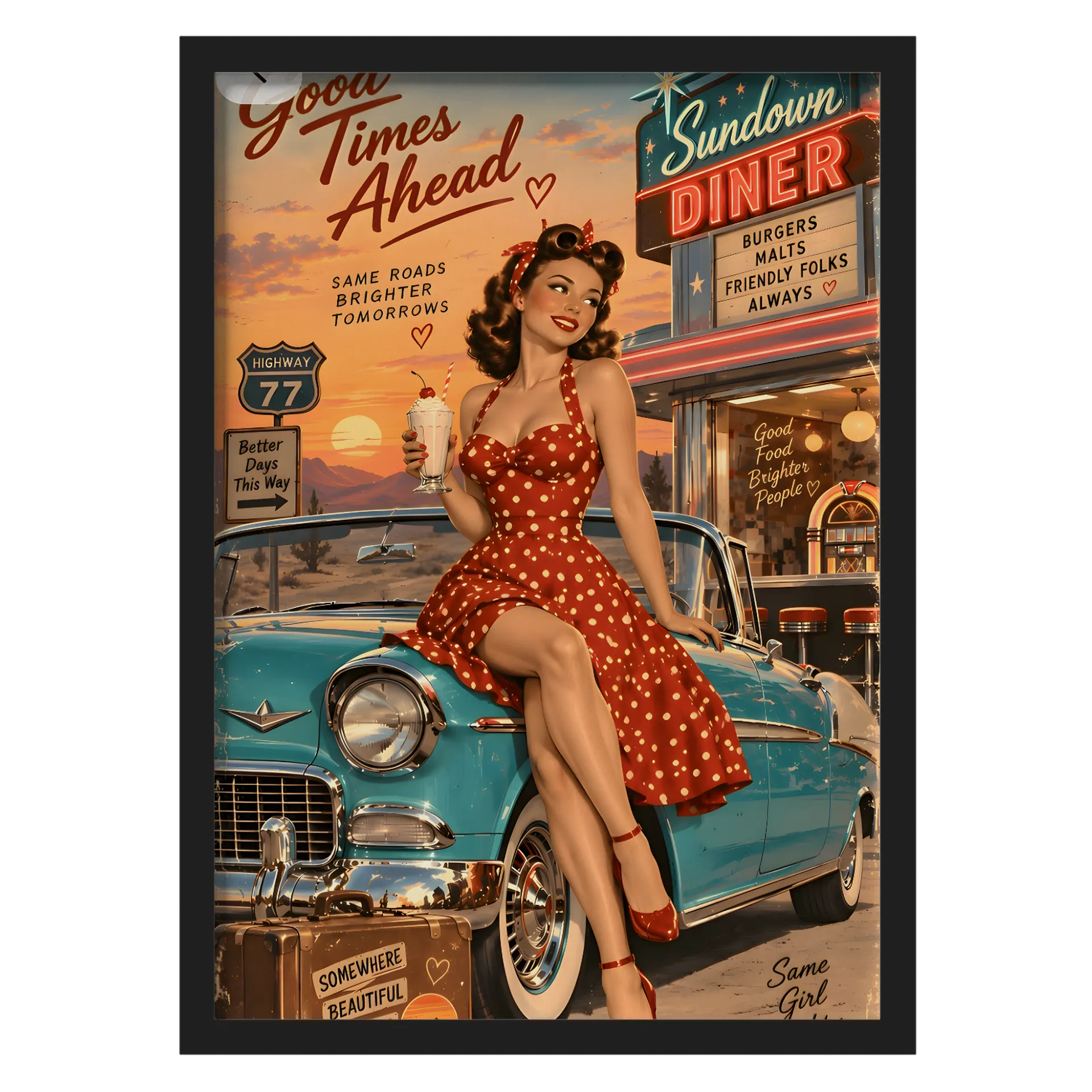 Quadro Pin-up Retrô Diner e Carro Clássico A3 de Garagem ruiva — imagem 1 de 3