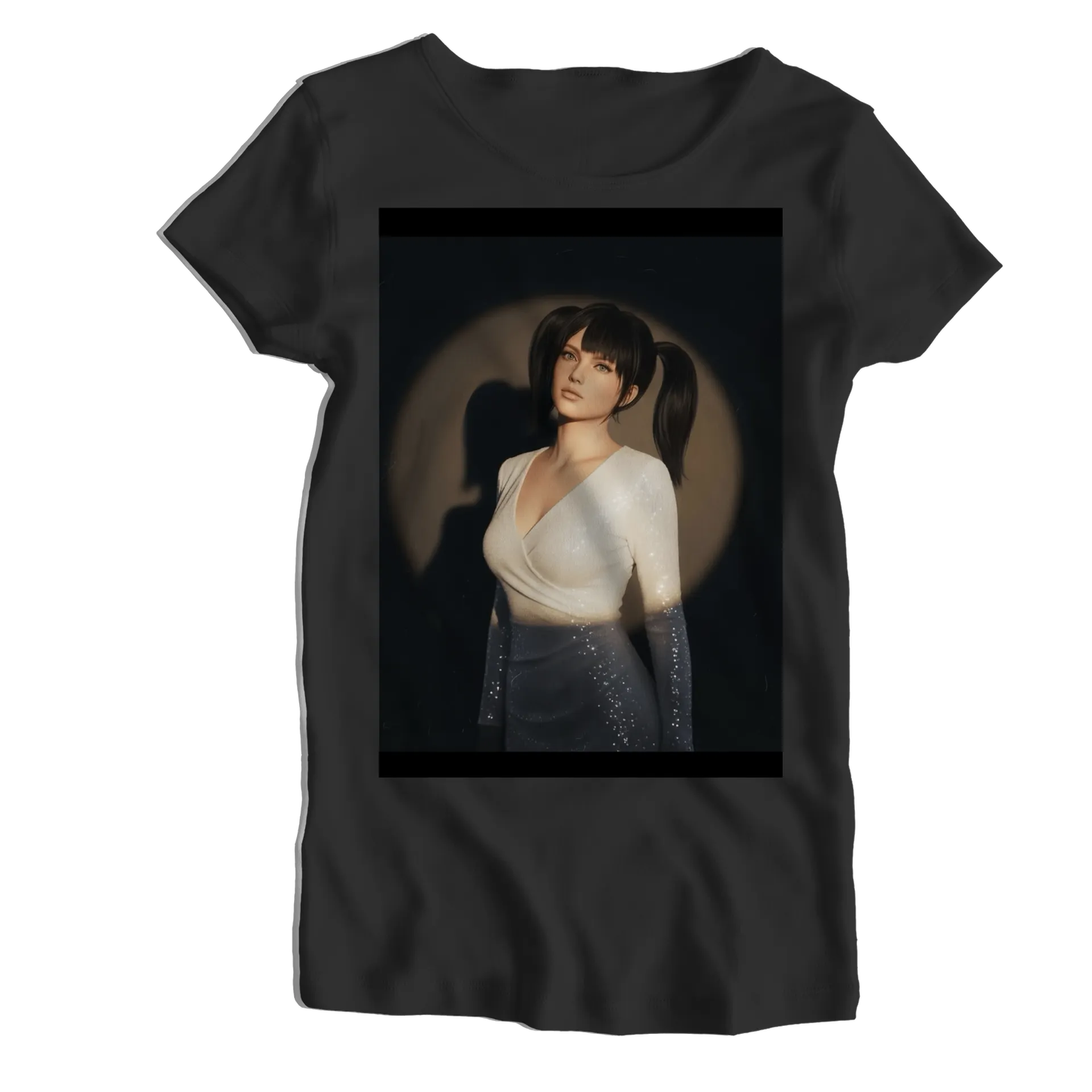 Camiseta Babylook Retrato Realista Mulher Cabelo Preto - Imagem 1