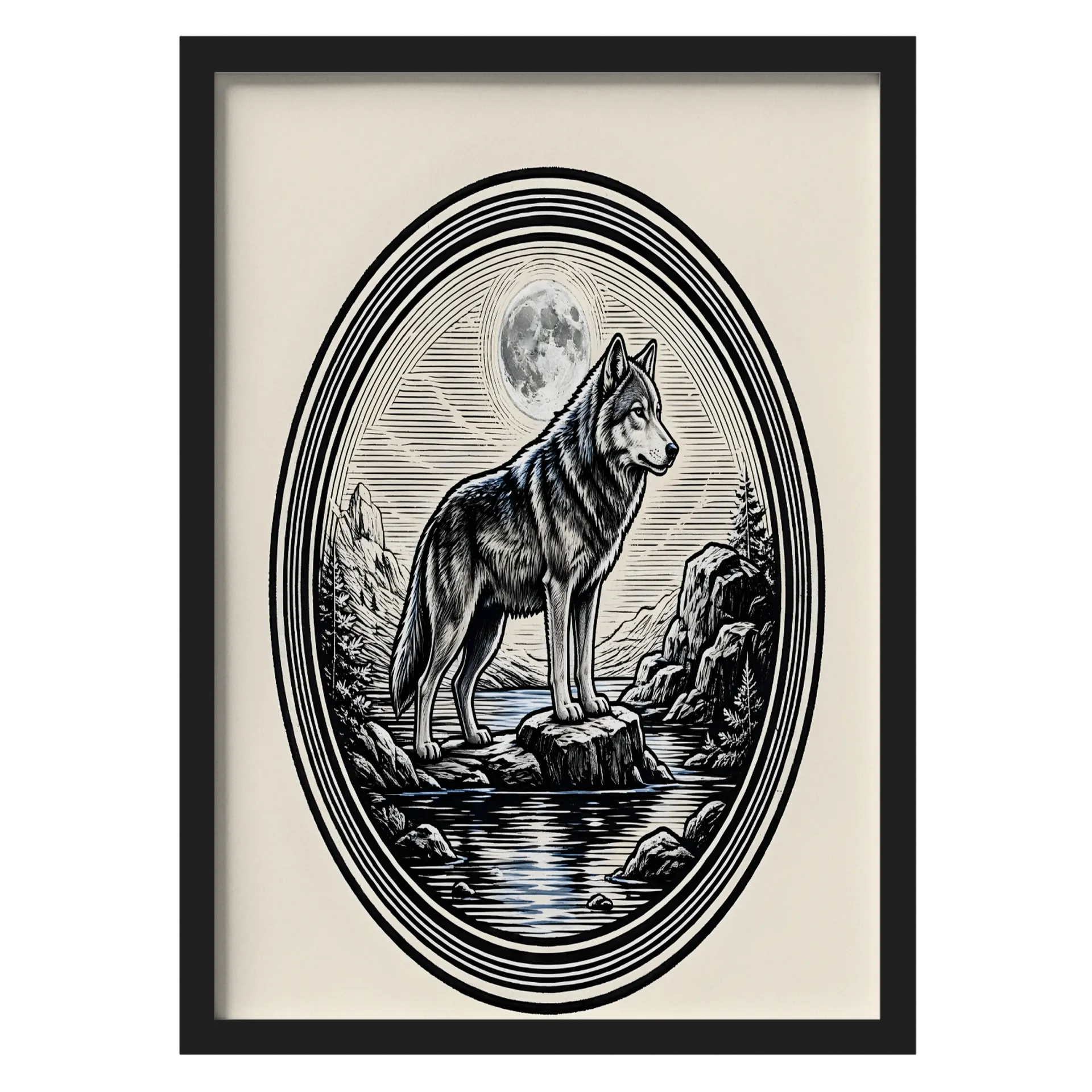 Quadro Lobo e Lua Cheia Ilustração Monocromática A3 de torcidamix — imagem 1 de 3
