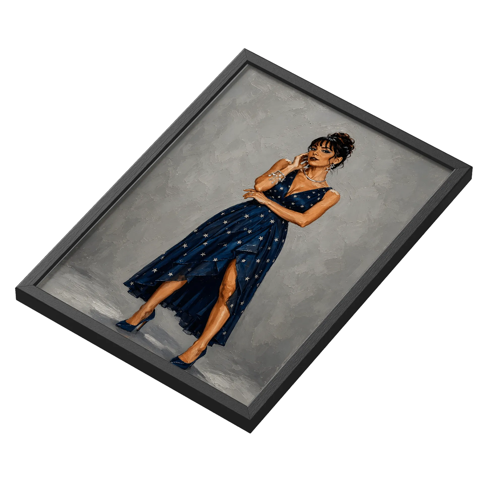 Quadro Mulher Vestido Azul Estrelas A3 MDF Vidro - Imagem 3