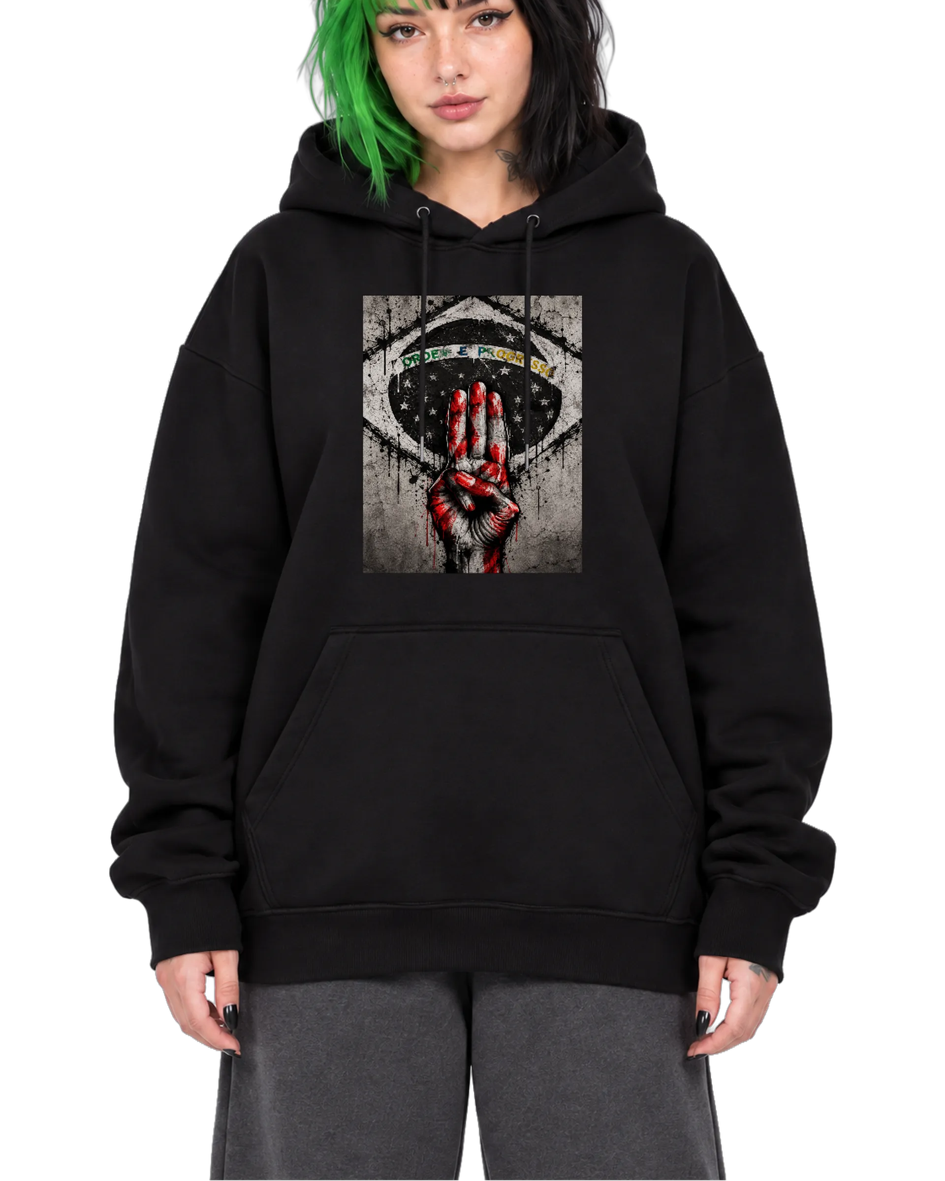 Blusa Moletom Canguru Mão com Bandeira do Brasil Grunge - Imagem 1