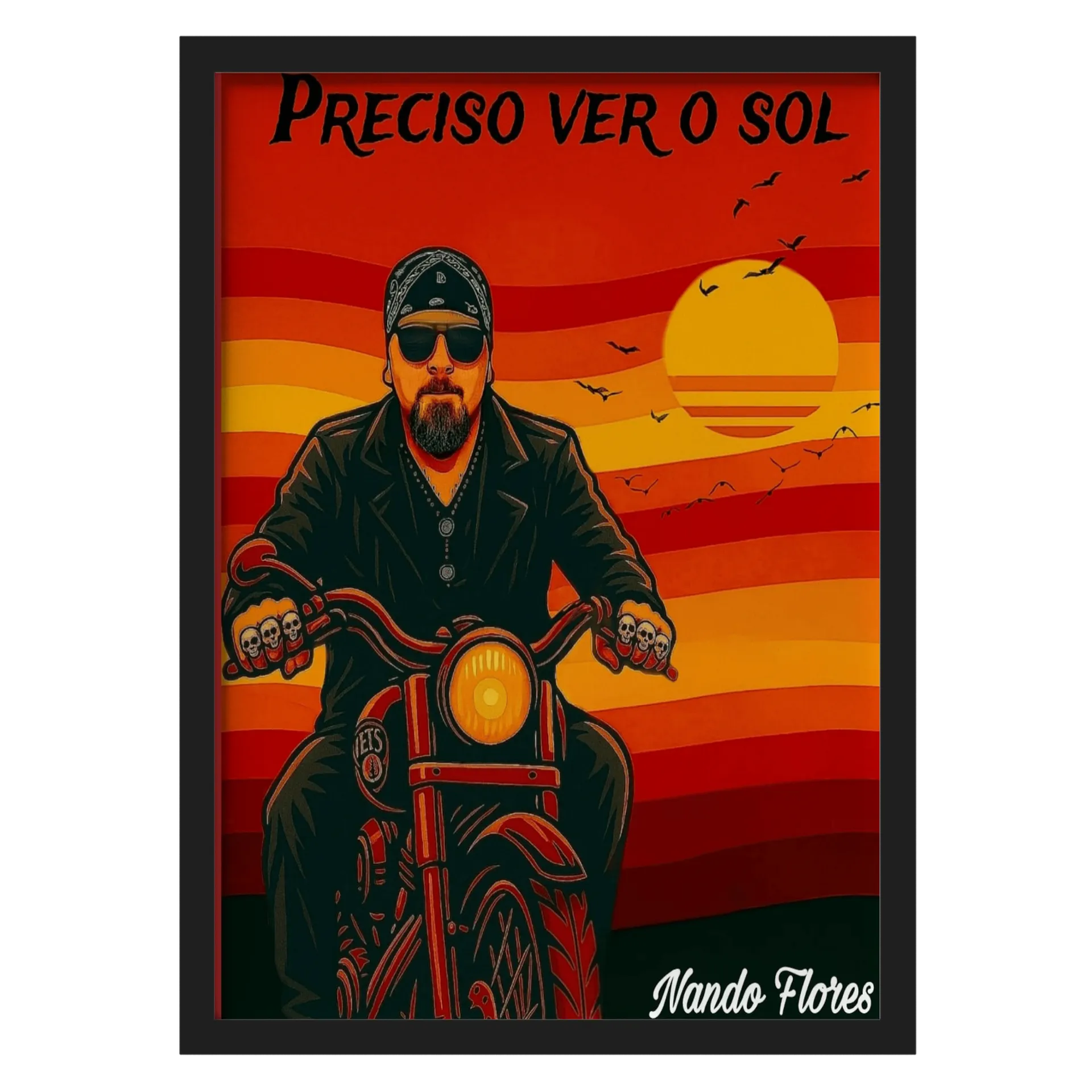 Quadro Motociclista Sol Laranja  música Preciso Ver O Sol De de Nando Flores