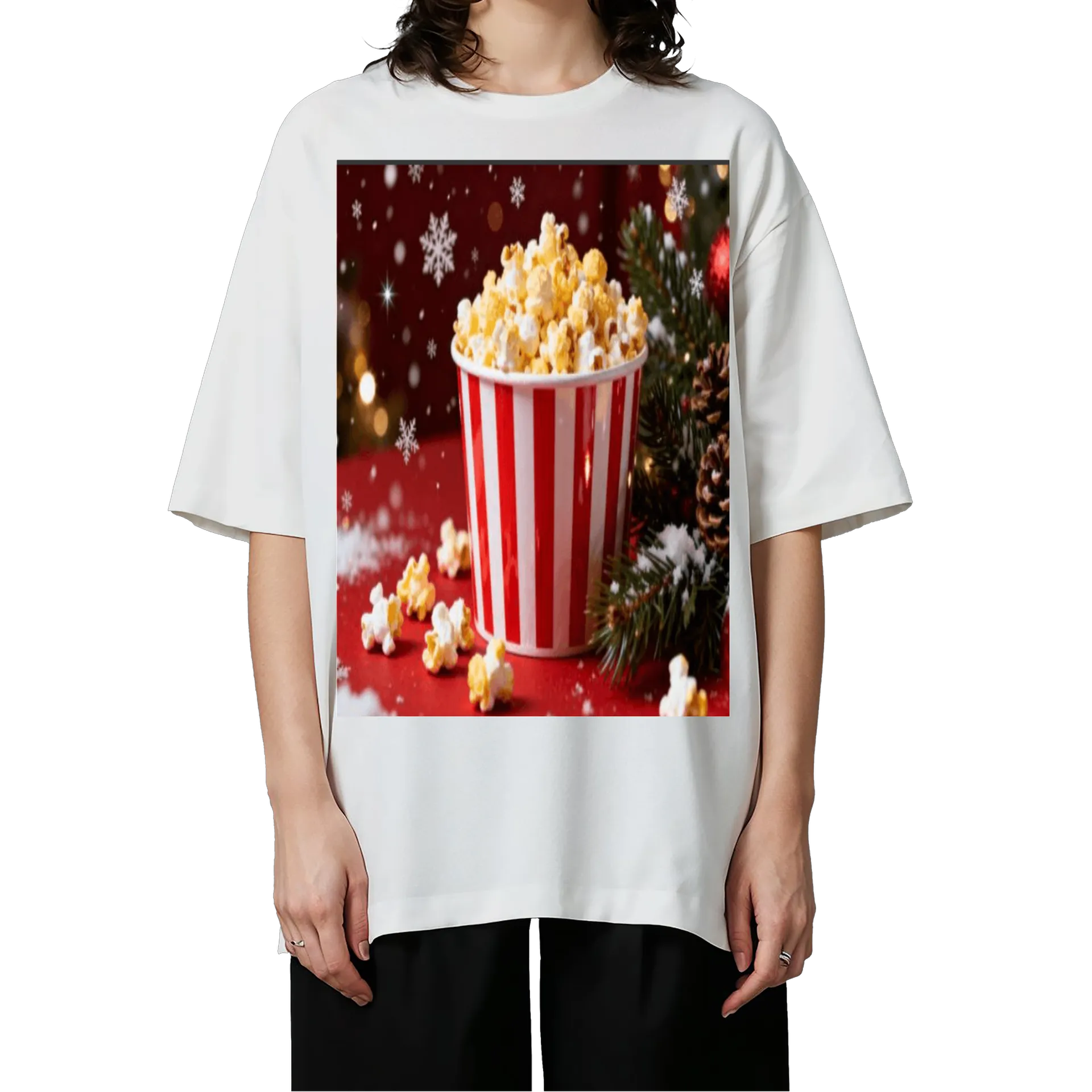 Camiseta Oversized Pipoca e Árvore de Natal Estilo Realista - Imagem 3