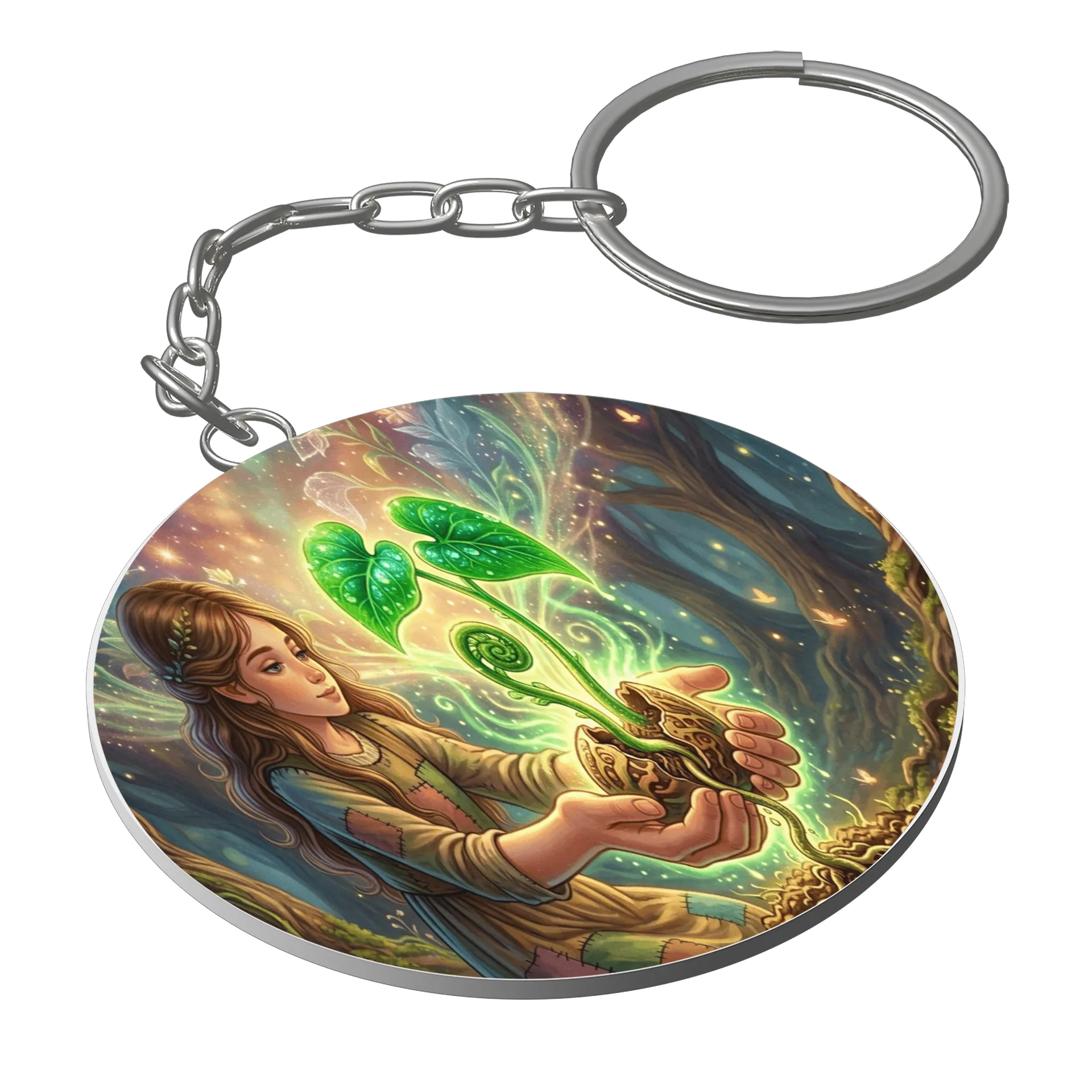 Chaveiro MDF Menina com Planta Mágica Ilustração Fantasia - Imagem 1