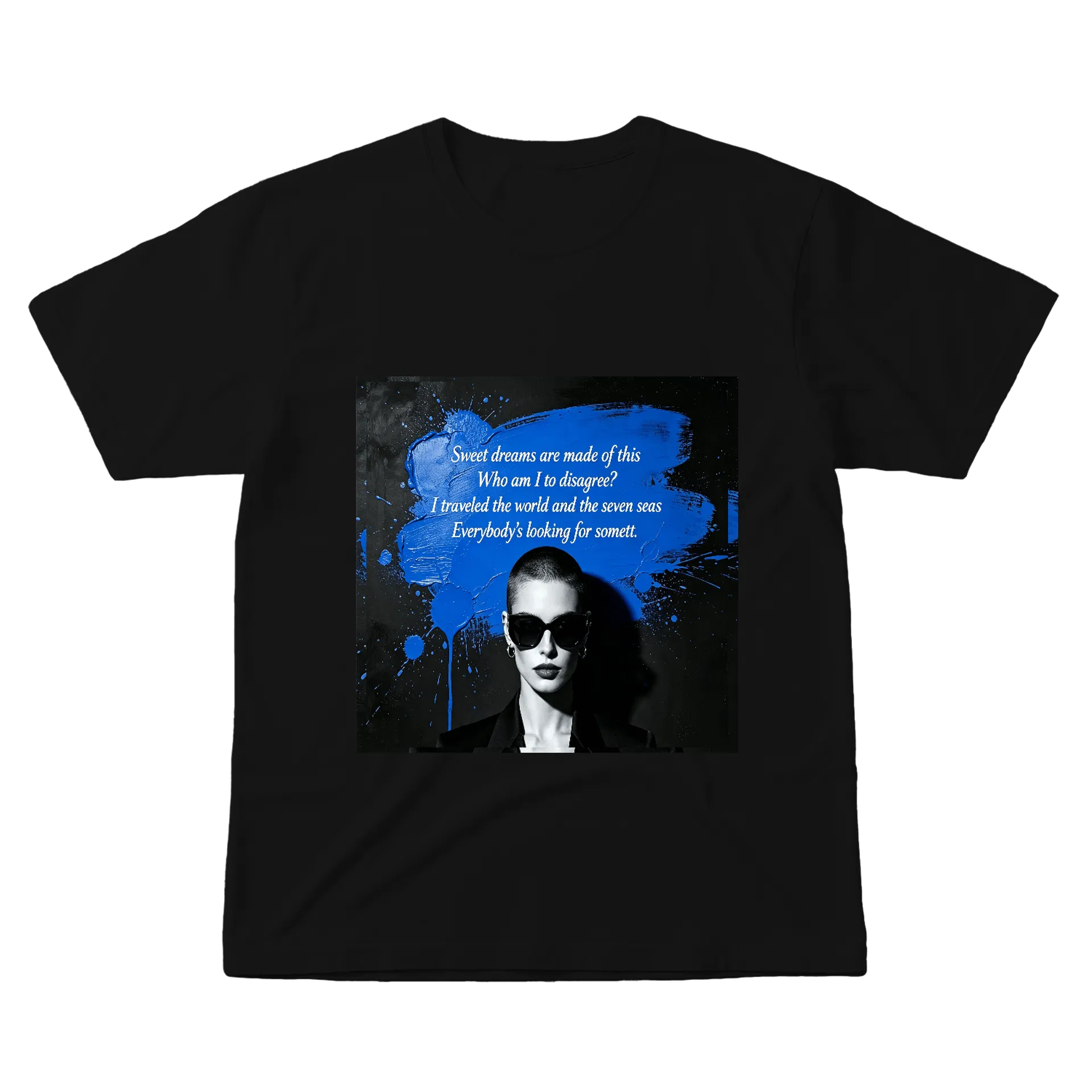 Camiseta Frase Sweet Dreams Retrato Preto e Azul 100% - Imagem 1