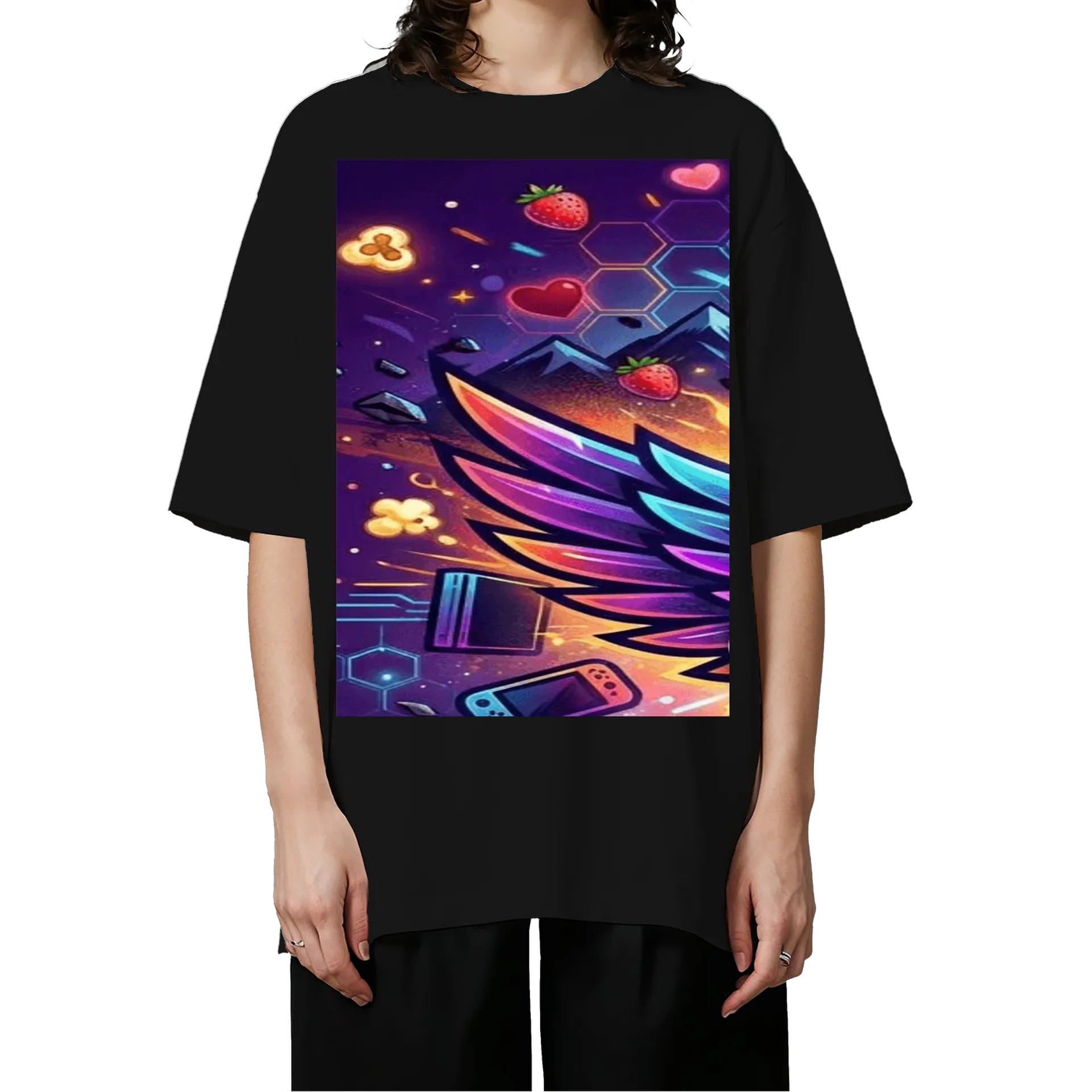 Camiseta Oversized Controle de Videogame Morangos Roxos e - Imagem 3