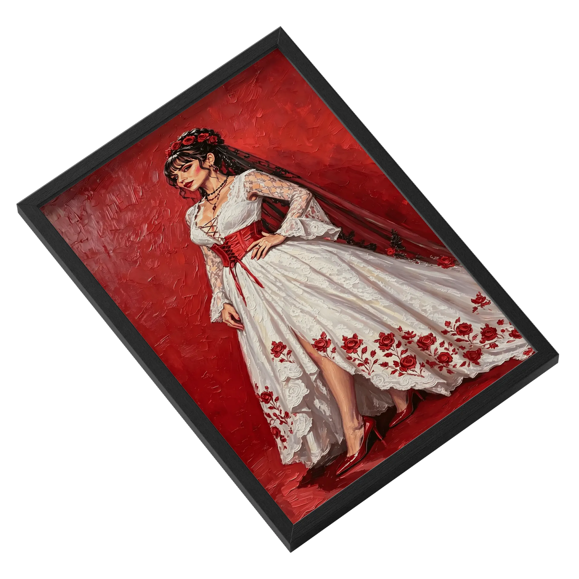 Quadro Mulher Vestida Vermelha Florido Laço A3 MDF e Vidro - Imagem 2
