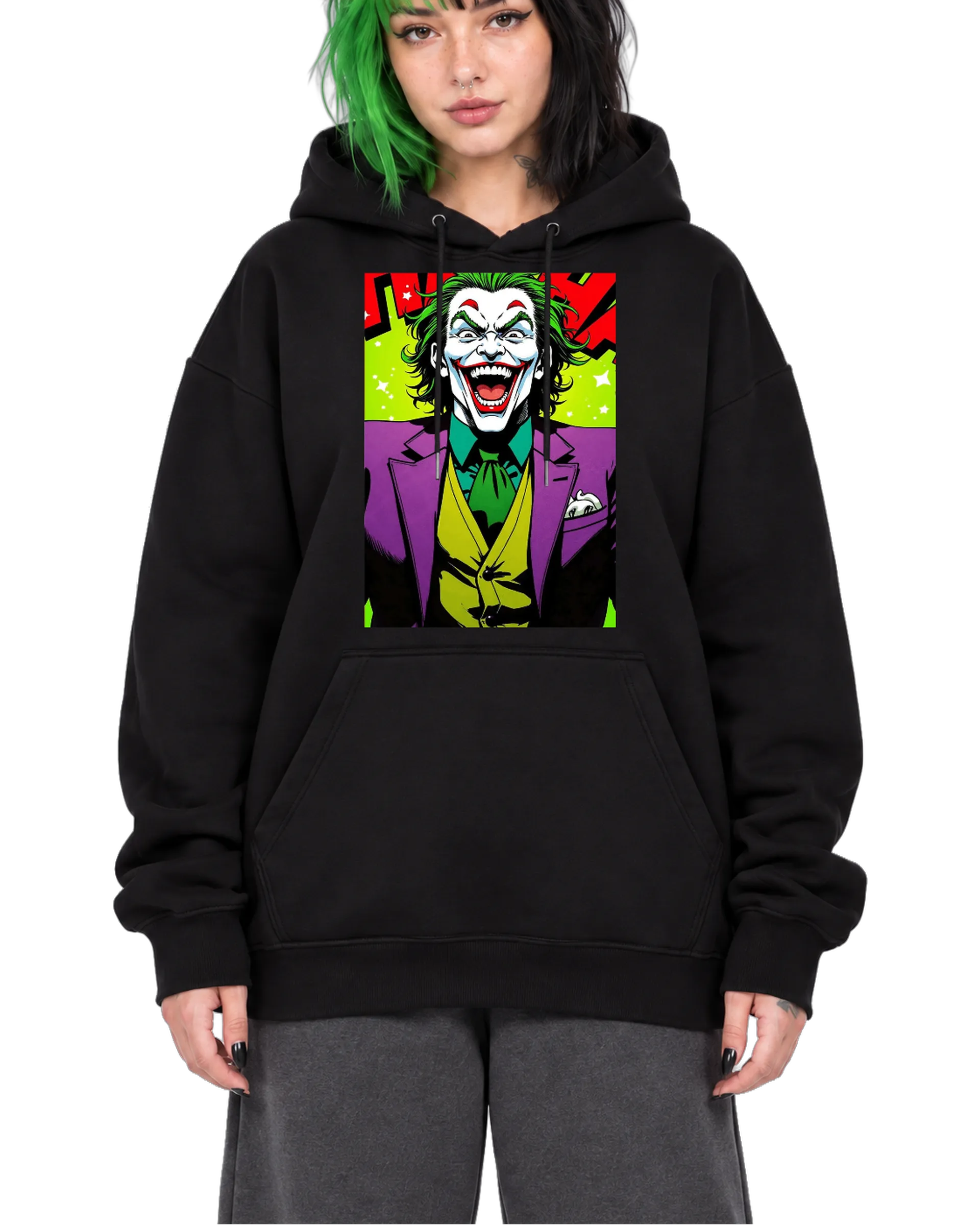 Blusa Moletom Canguru Coringa em Estilo Quadrinhos Coloridos - Imagem 1