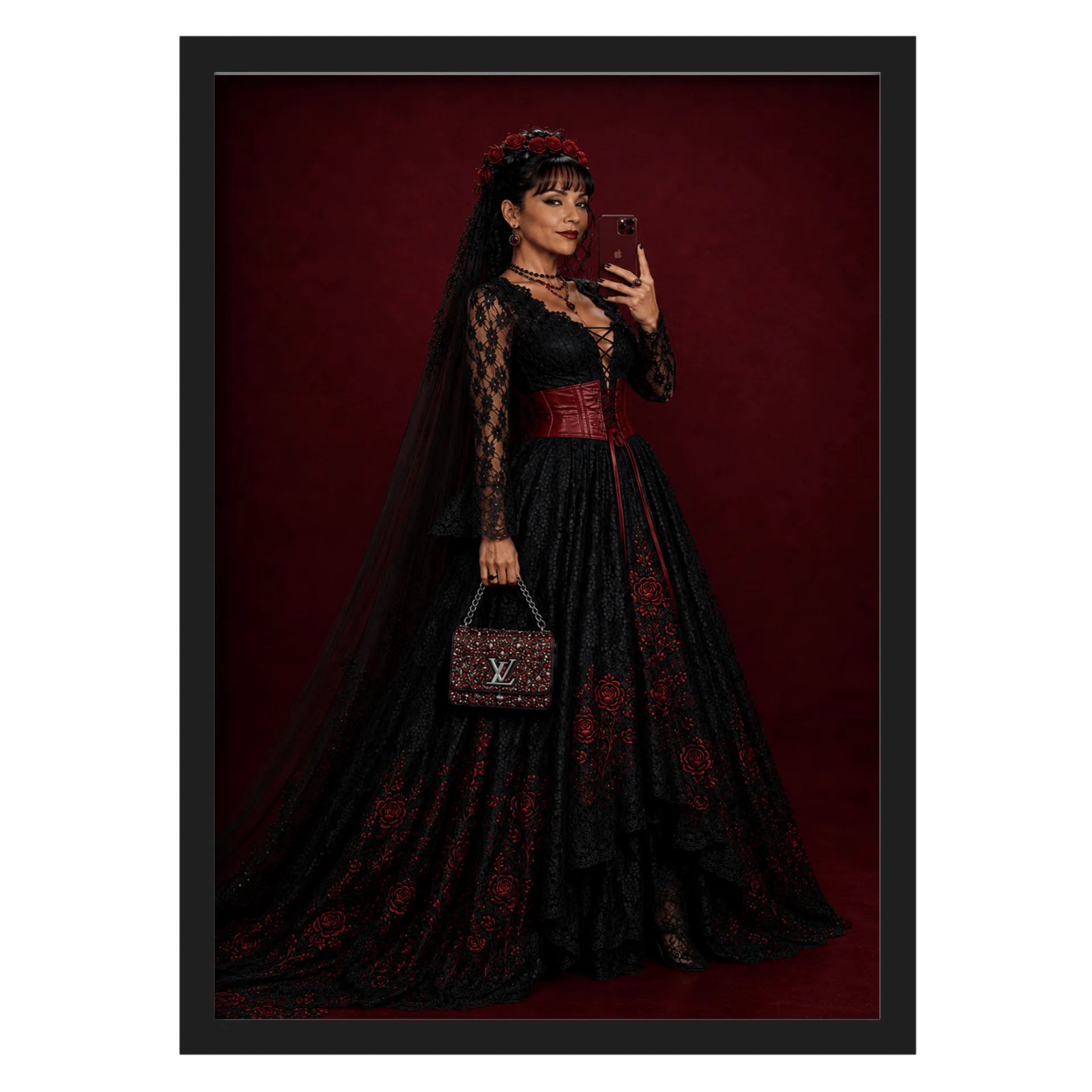 Quadro Retrô Mulher Elegante Vermelho A3 MDF e Vidro - Imagem 1