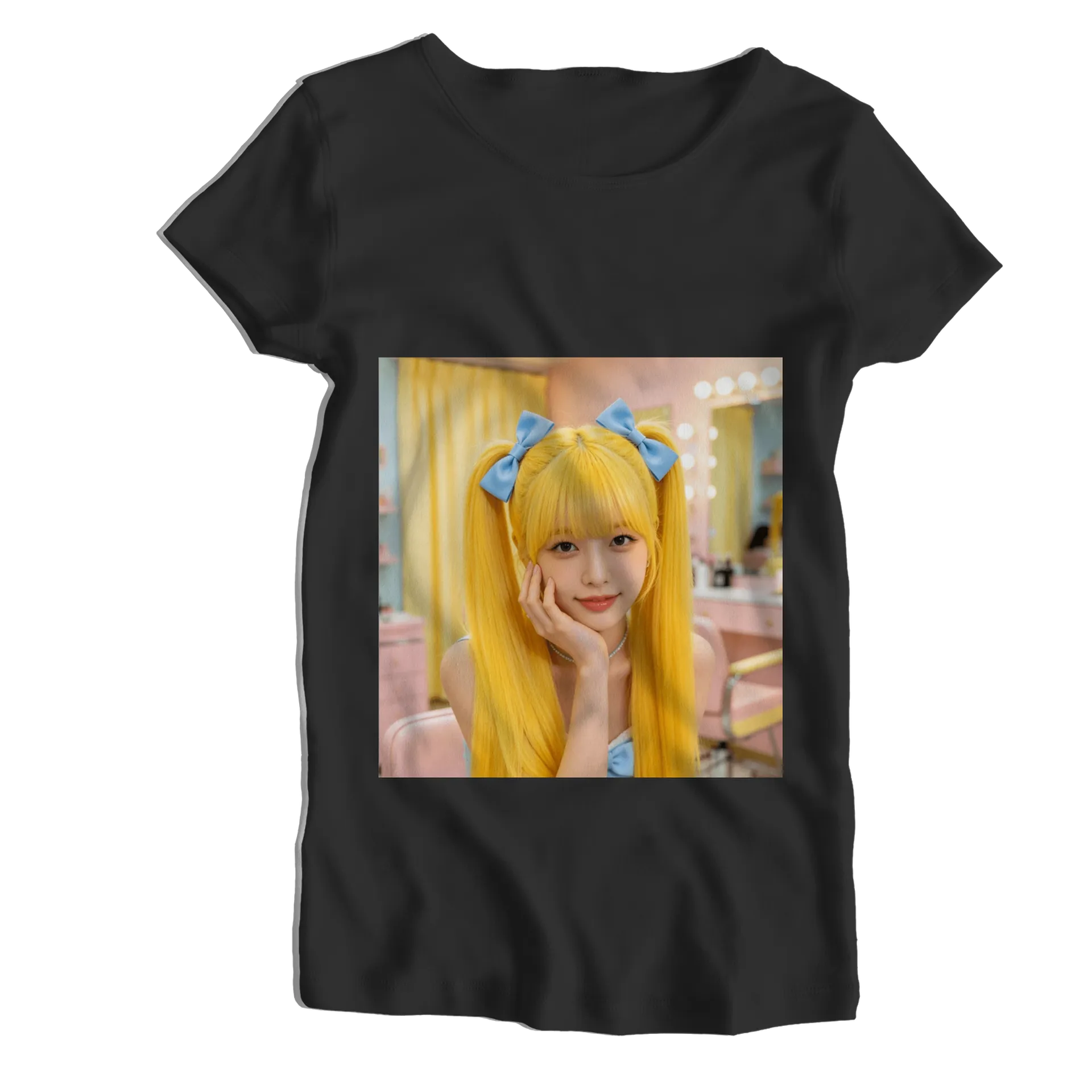 Camiseta Babylook Retrato Fotográfico Mulher Laços Azuis - Imagem 1