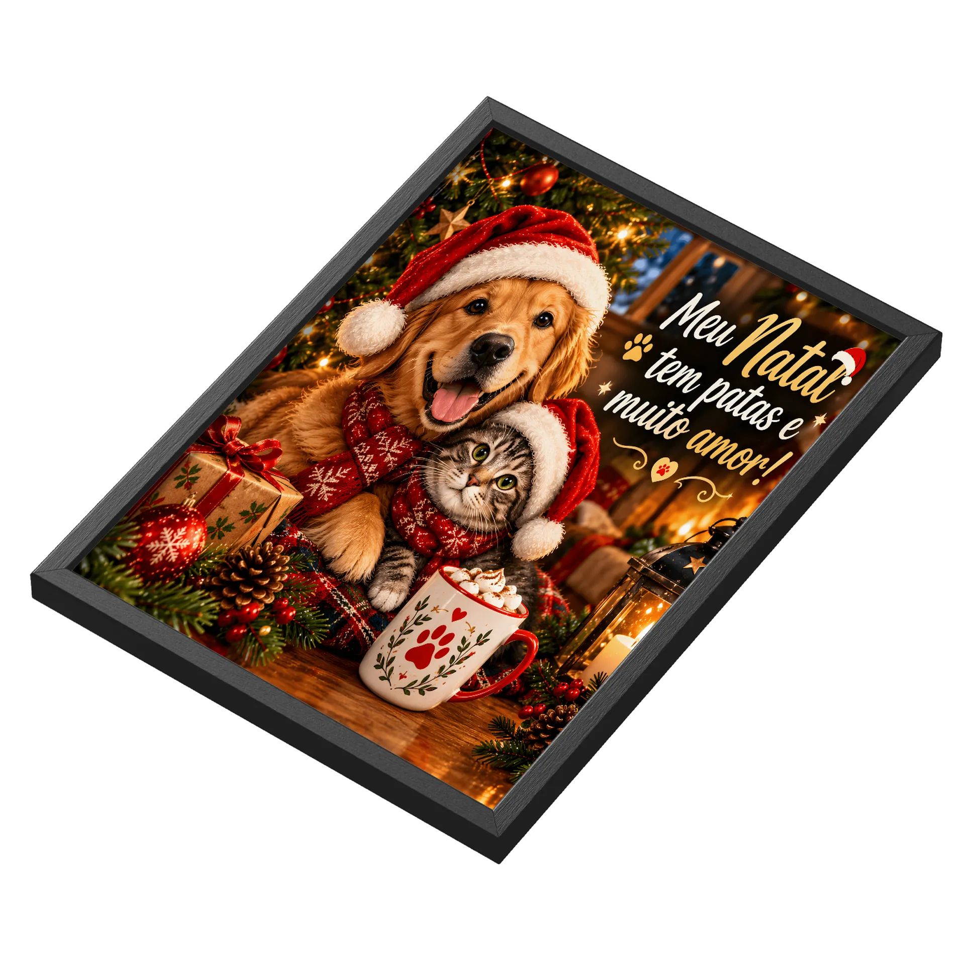 Quadro Cachorro e Gato no Natal com Frase A3 - Imagem 3