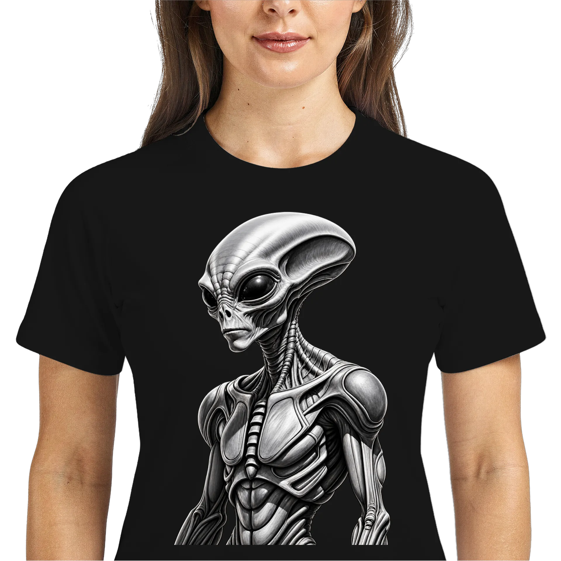 Camiseta Dry Fit Alien Realista Preto e Branco Respirável - Imagem 3