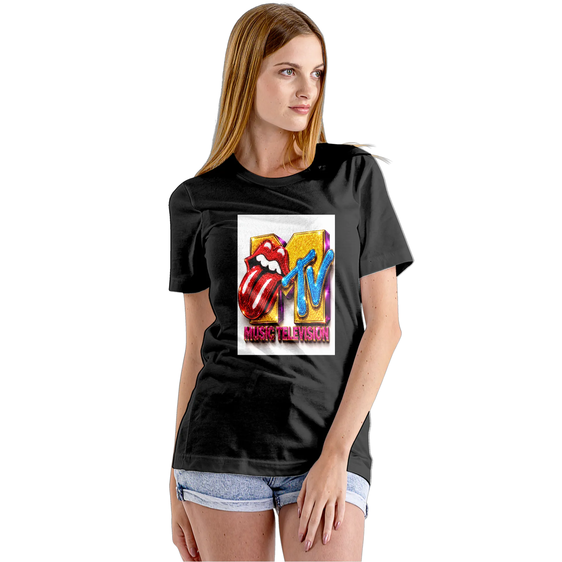 Camiseta Babylook Música TV Glitzy Estampa Glitter Preto - Imagem 5