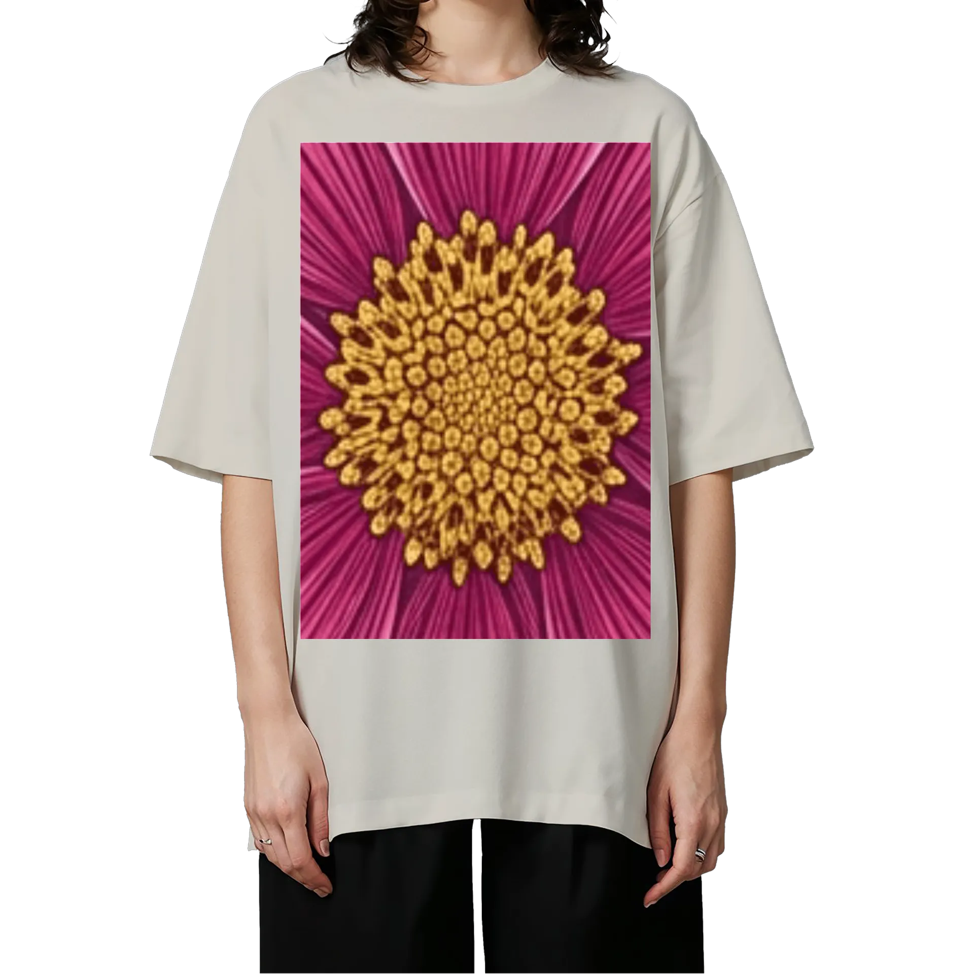 Camiseta Oversized Flor Dourada Fundo Magenta Rays Radiantes - Imagem 3