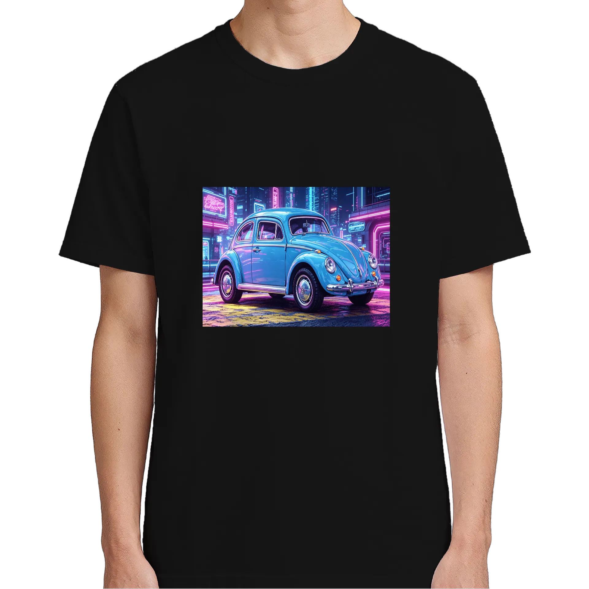 Camiseta Carro Clássico Azul Neon 100% Algodão - Imagem 5