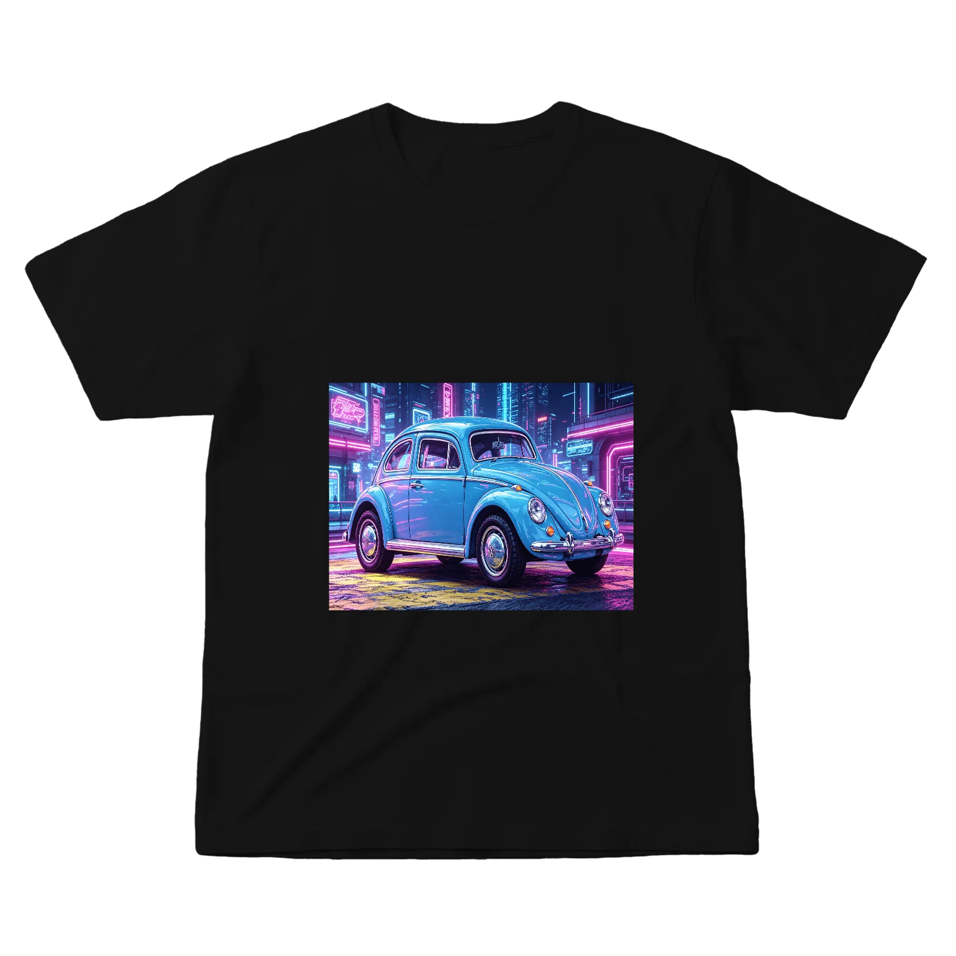 Camiseta Carro Clássico Azul Neon 100% Algodão - Imagem 1