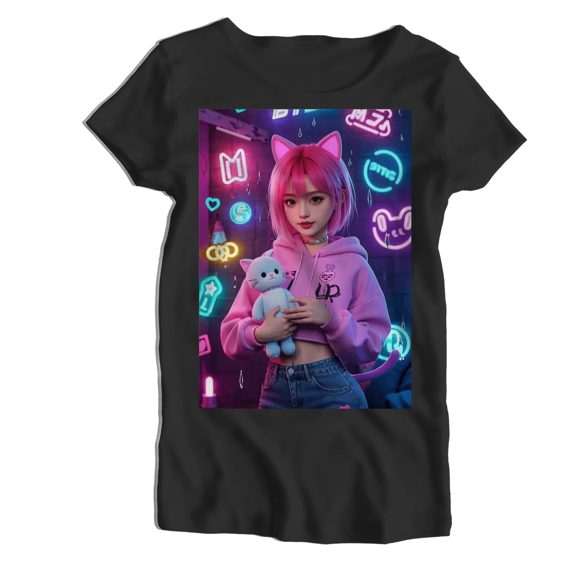 Camiseta Babylook Personagem com Orelhas de Gato 100% - Imagem 1