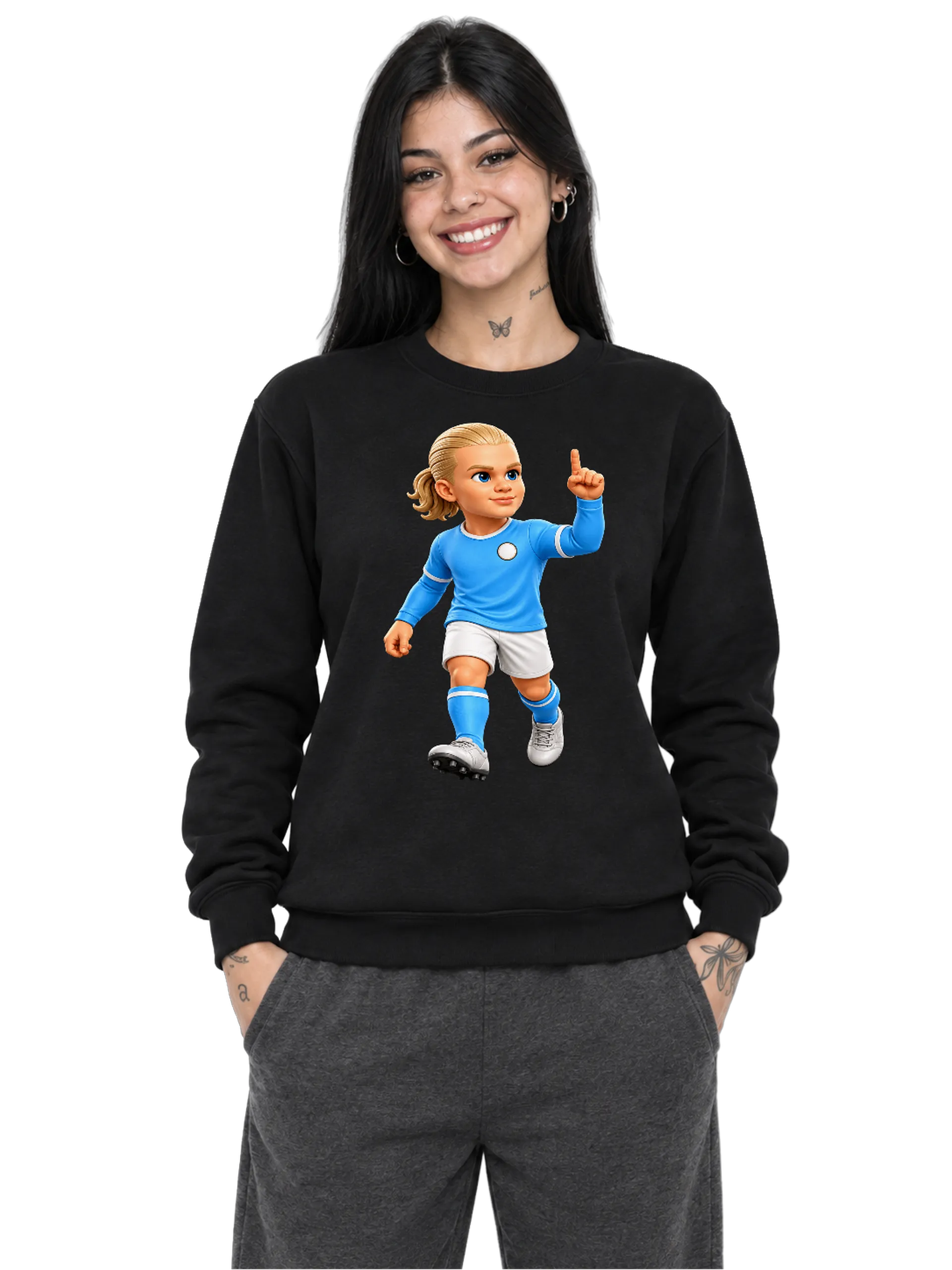Suéter Moletom Jogadora de Futebol Estilo Cartoon Preto - Imagem 1