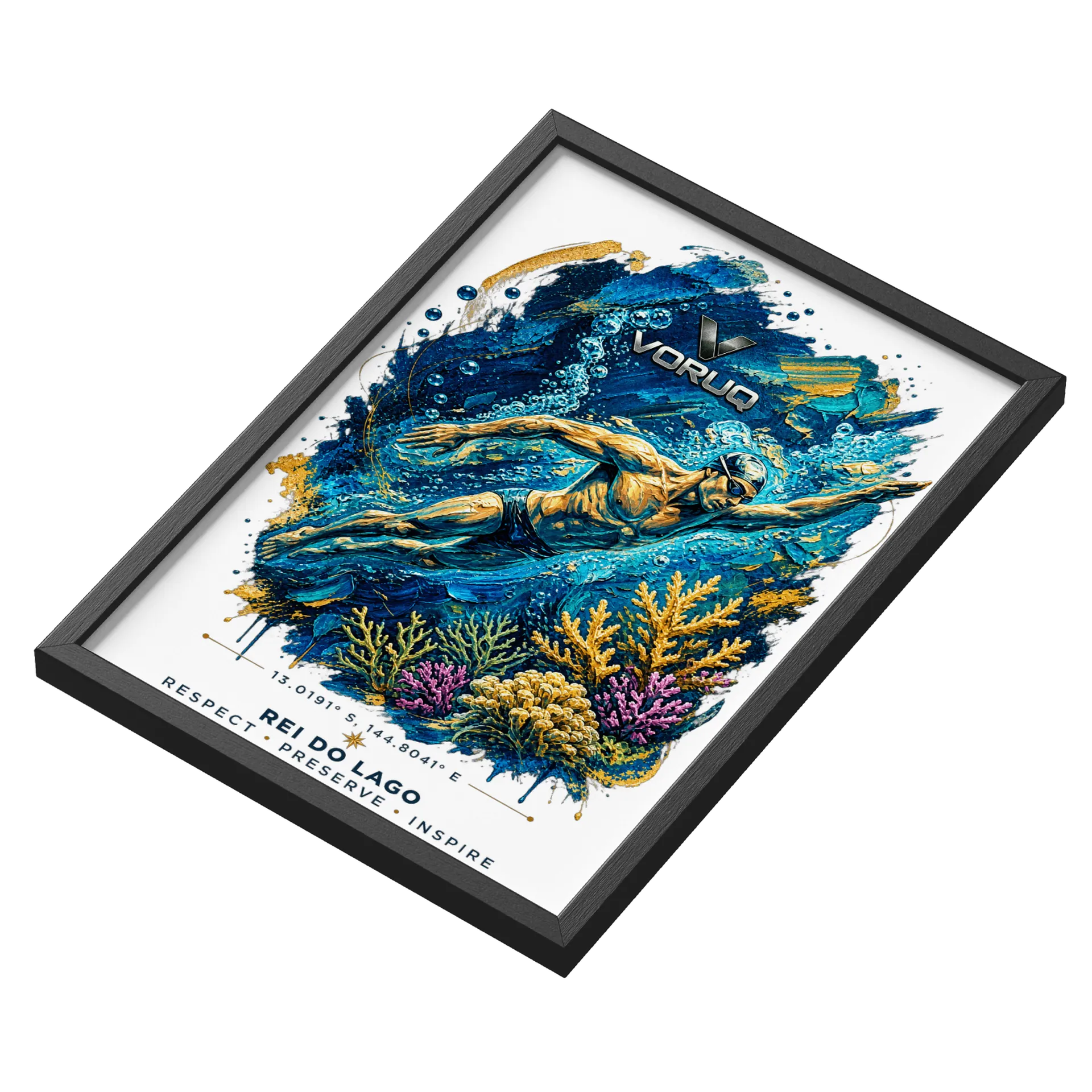 Quadro Nadador Subaquático Arte Azul e Dourada A3 de VORUQ — imagem 3 de 3