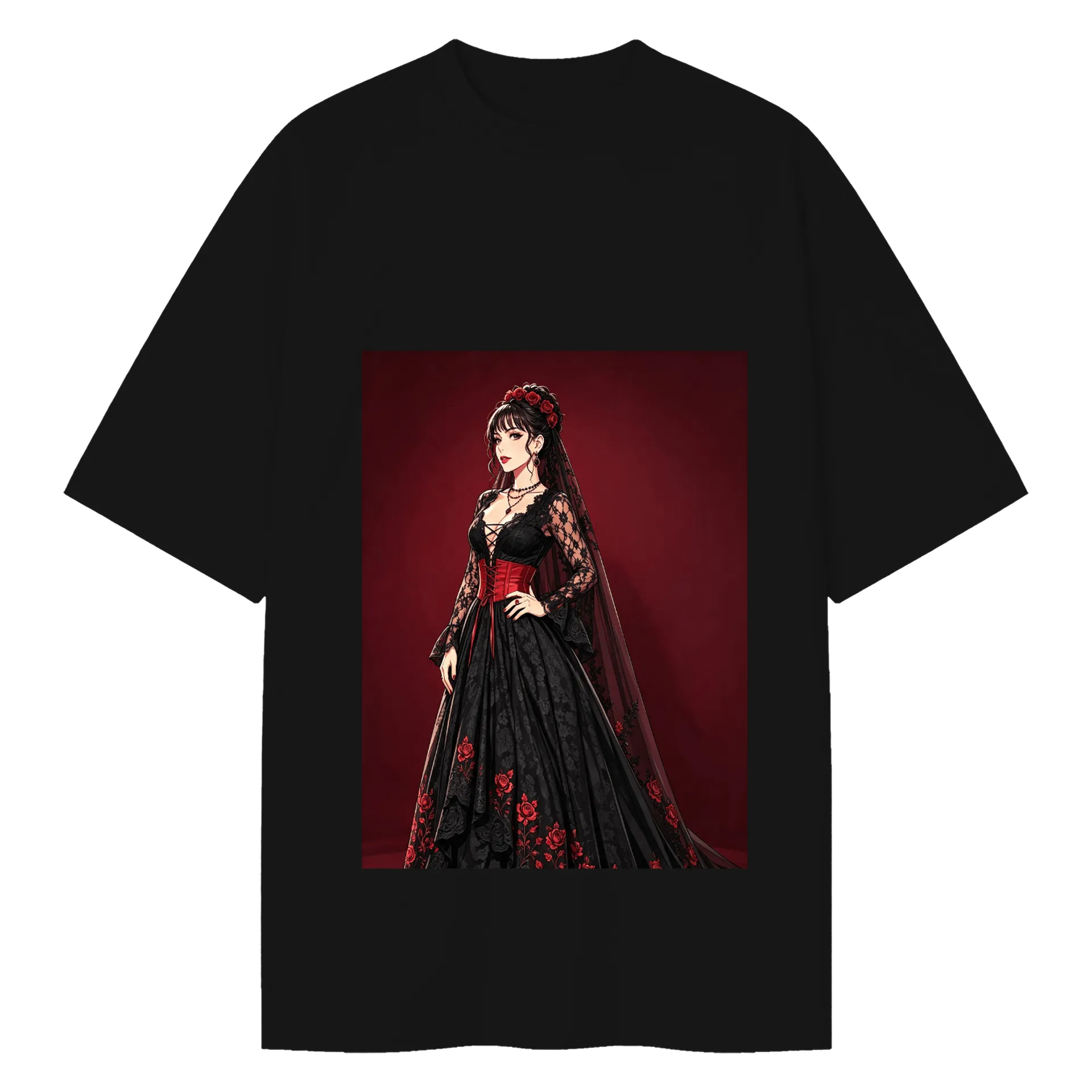 Camiseta Oversized Vestido gótico vermelho e preto 100% - Imagem 1