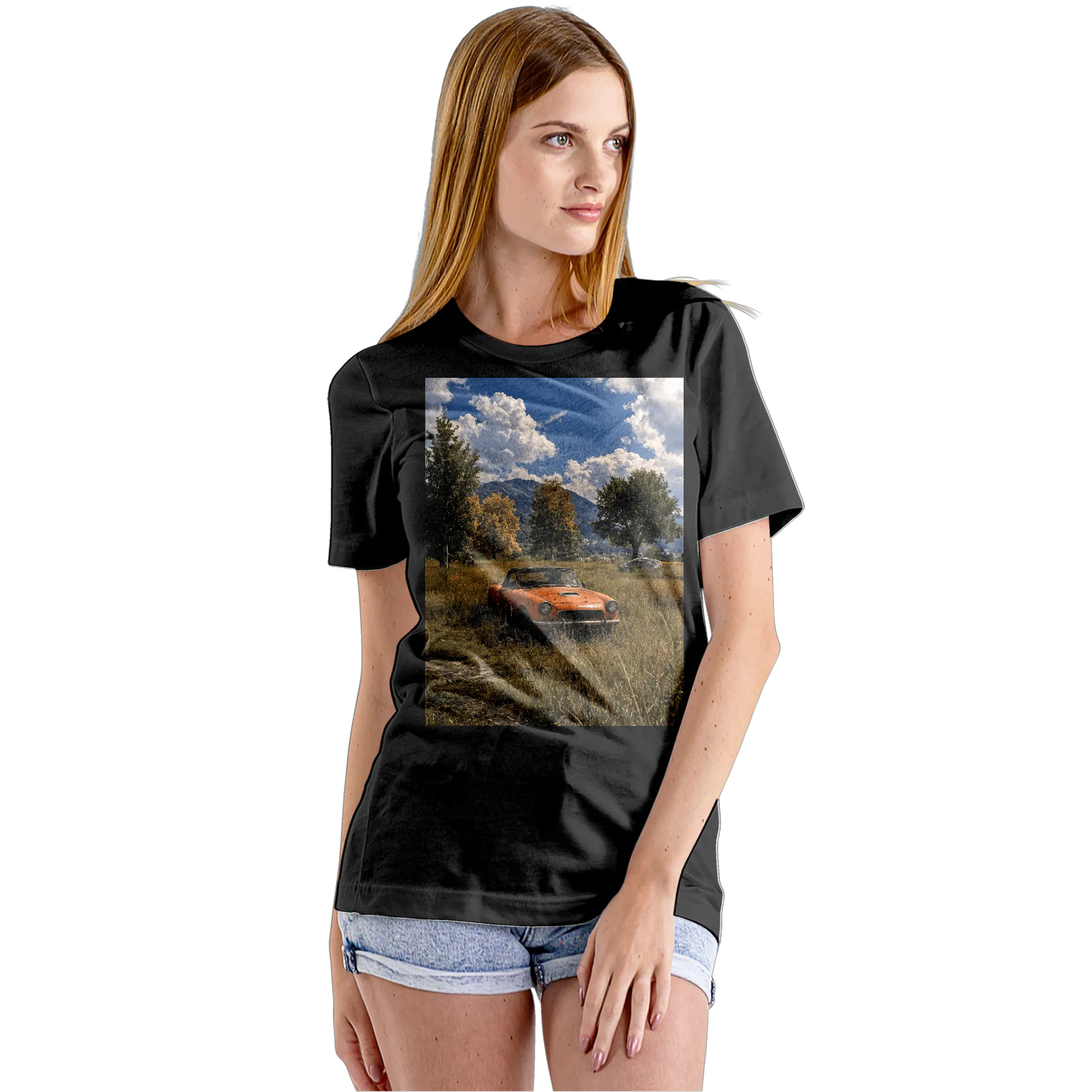 Camiseta Babylook Carro Clássico Laranja Paisagem 100% - Imagem 5