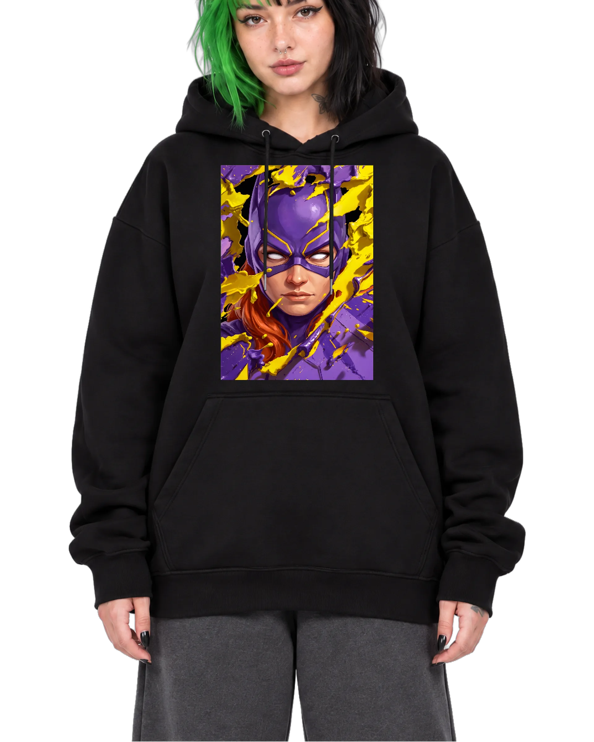 Blusa Moletom Heroína Mascarada Roxa e Amarela Canguru - Imagem 1