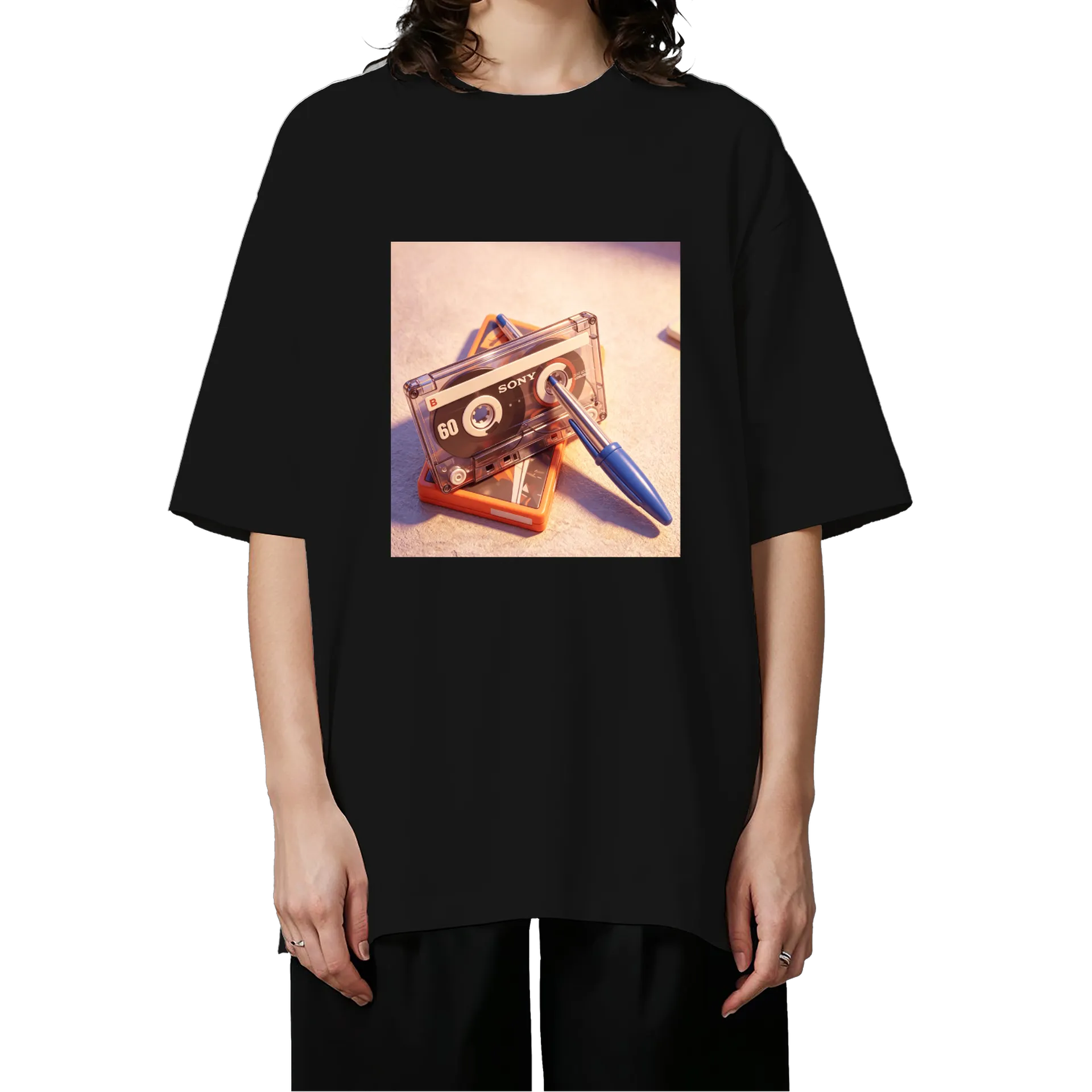 Camiseta Oversized Cassette Tape Estampa Neon Preto 100% - Imagem 3