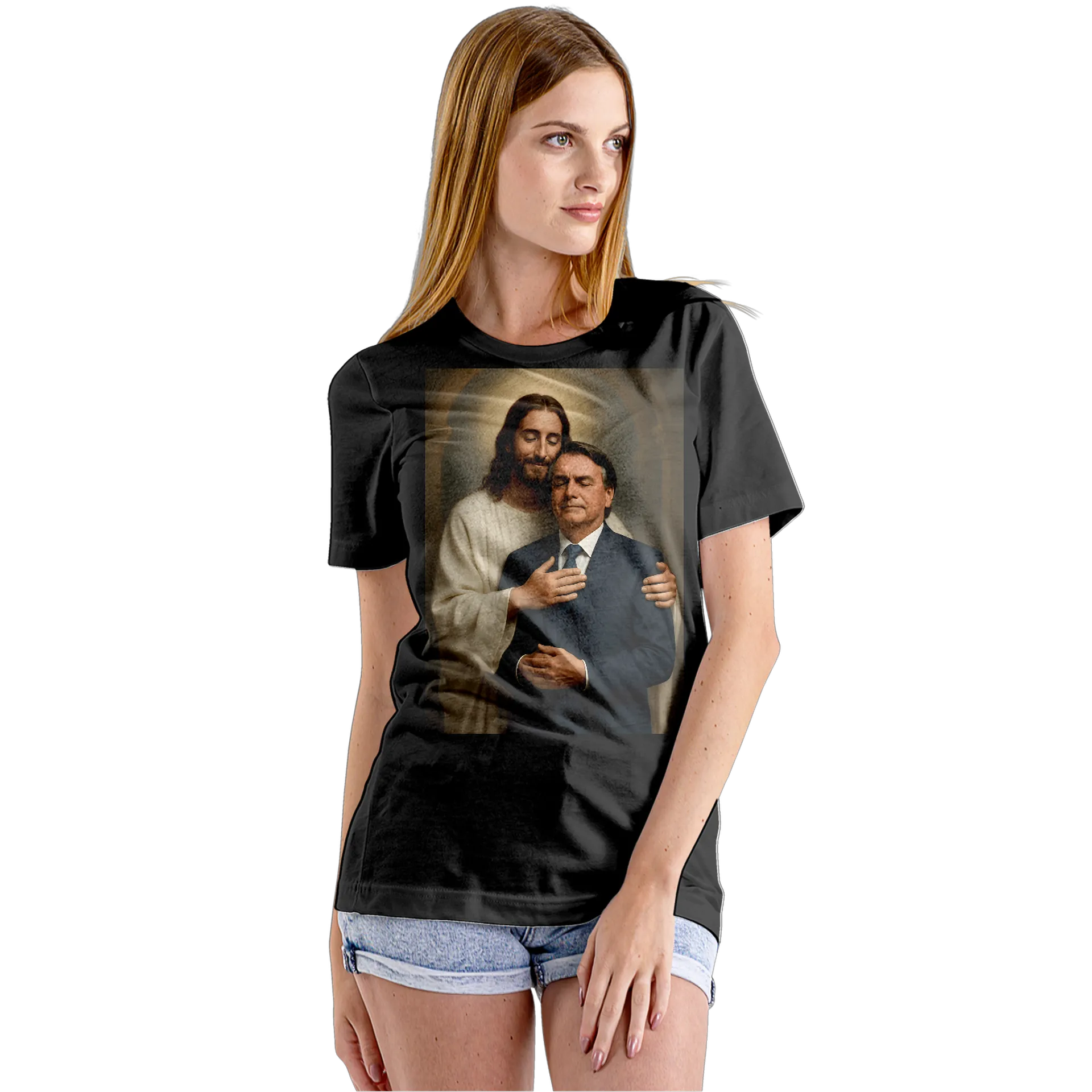 Camiseta Babylook Jesus Abraçando Homem de Terno 100% - Imagem 4