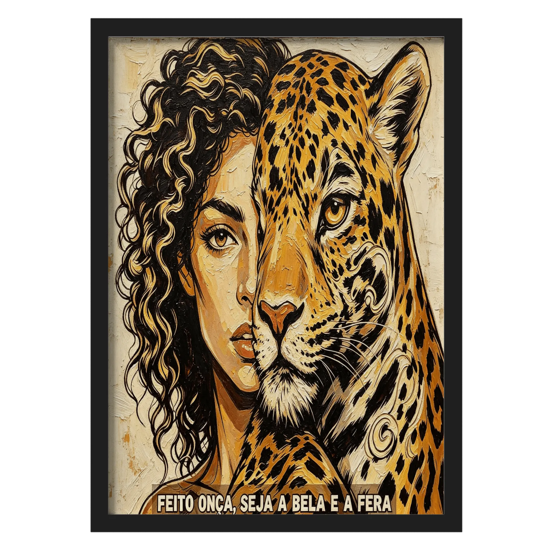 Quadro Retrato Leoa Amarela e Mulher Cabelos Cacheados A3 - Imagem 1