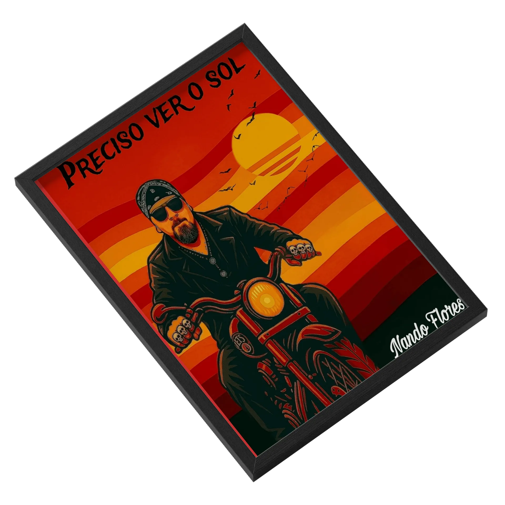 Quadro Motociclista Sol Laranja  música Preciso Ver O Sol De de Nando Flores