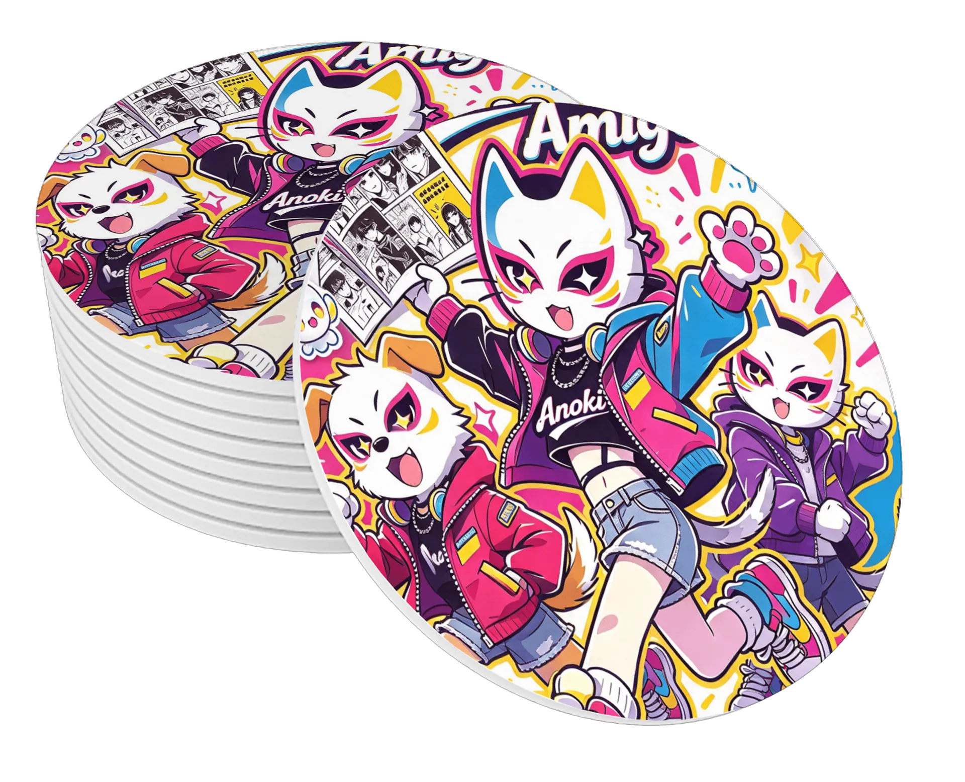 Porta-copo Gatos Estilo Anime Colorido MDF de anoki — imagem 1 de 3