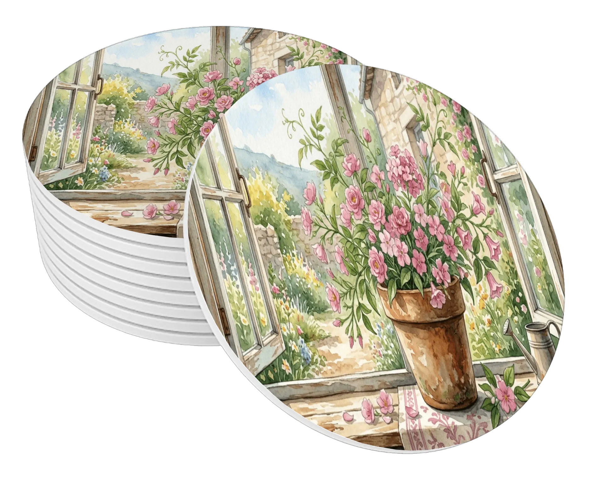 Porta-copo Jardim com Flores Rosa em Aquarela MDF - Imagem 1