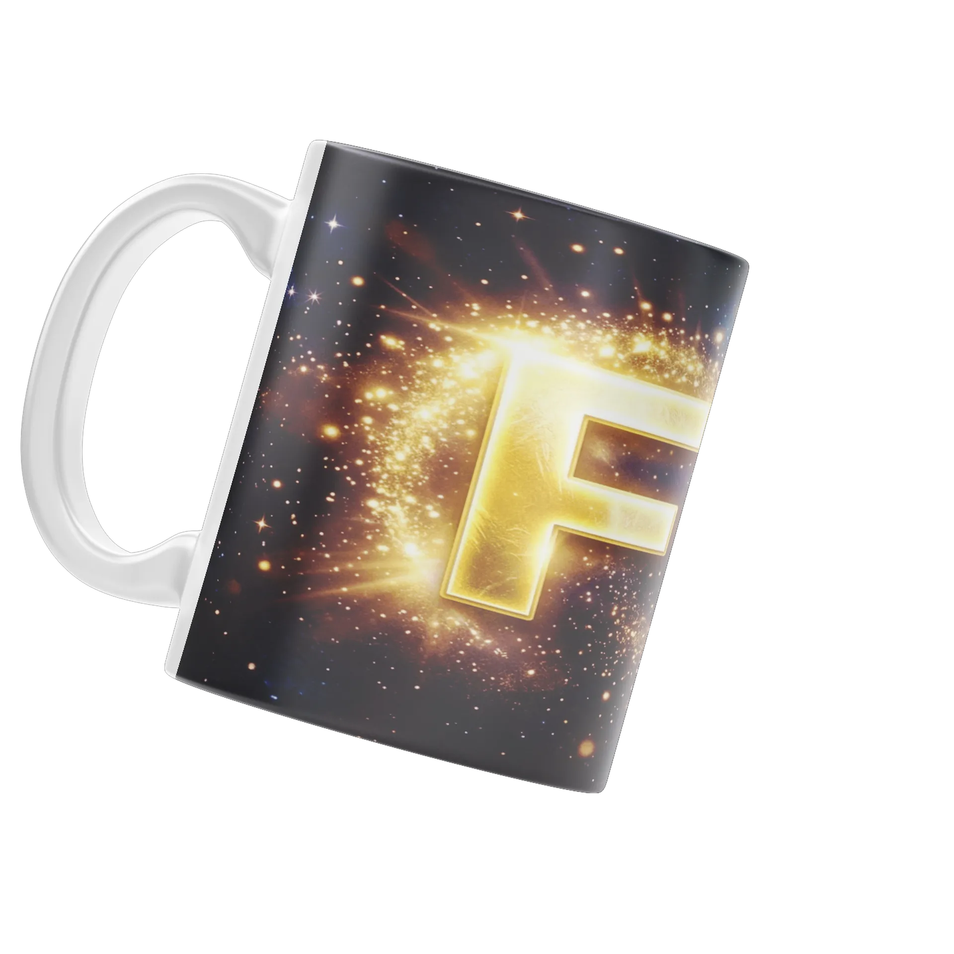Caneca Estampa Tipográfica FE Dourado Universo Estrelado - Imagem 3