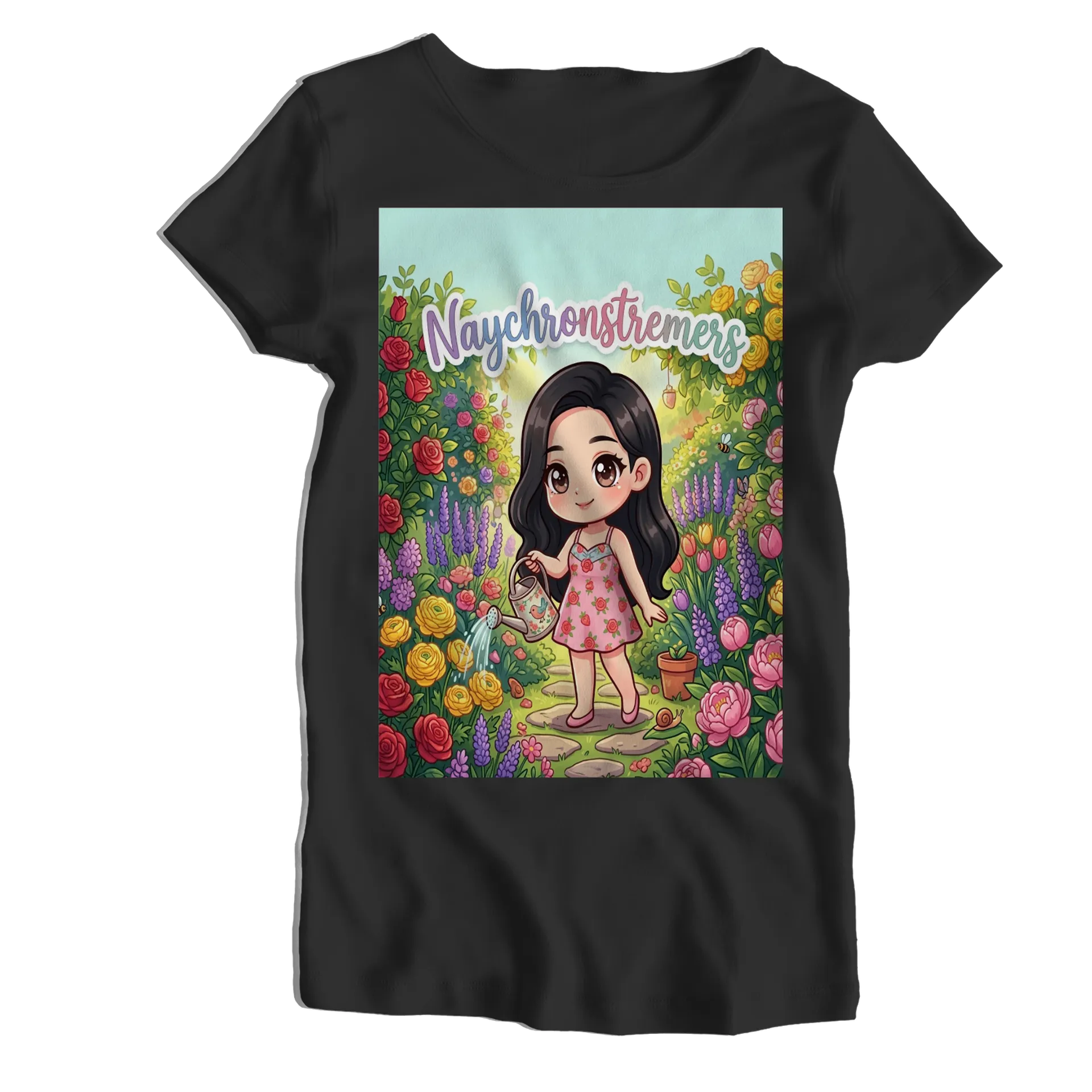 Camiseta Babylook Menina Regando Jardim de Flores Cartoon - Imagem 1