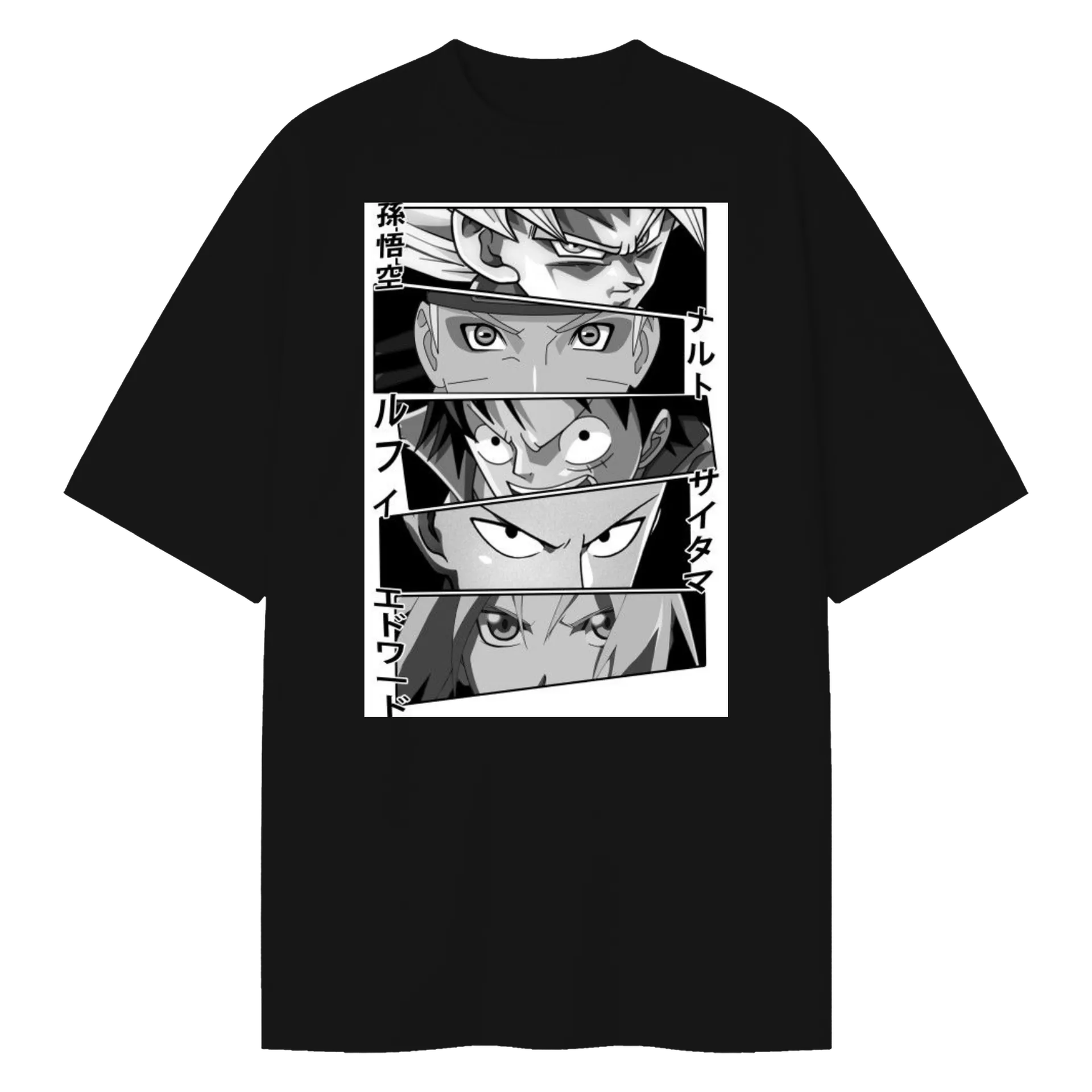Camiseta Oversized Estampa Personagens Anime Preto e Branco - Imagem 1