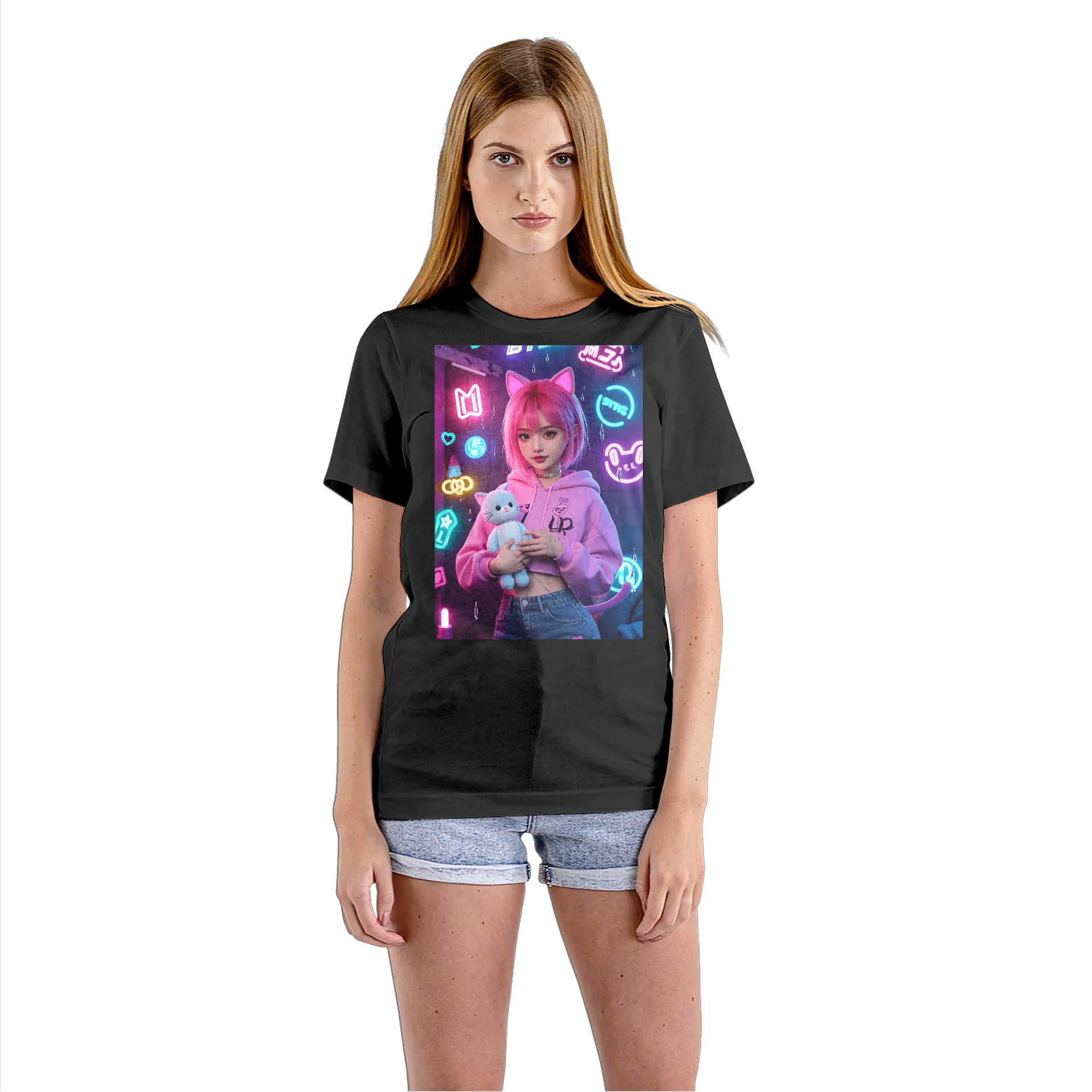 Camiseta Babylook Personagem com Orelhas de Gato 100% - Imagem 3