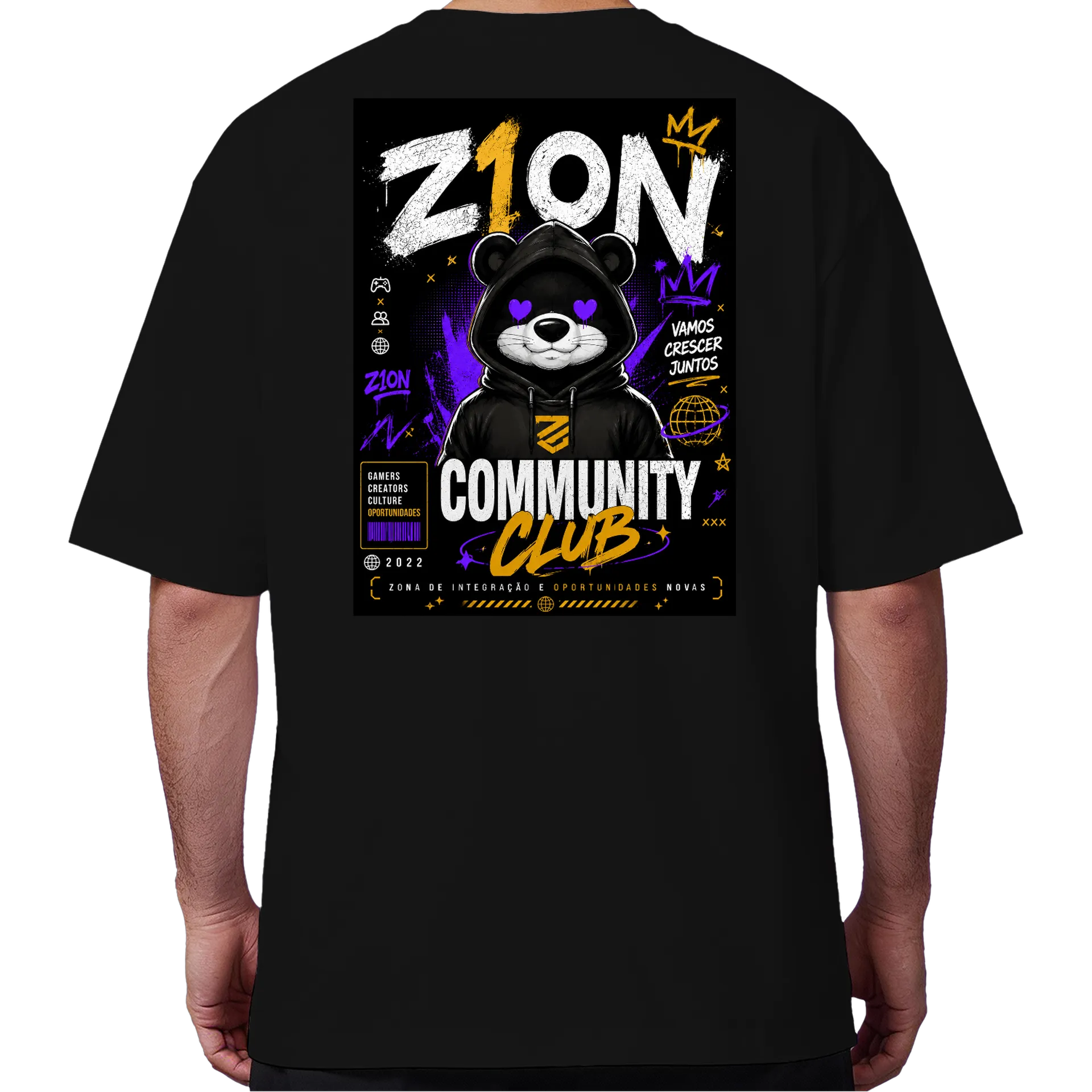 Camiseta Oversized Urso com Capuz Preto 100% Algodão - Imagem 6