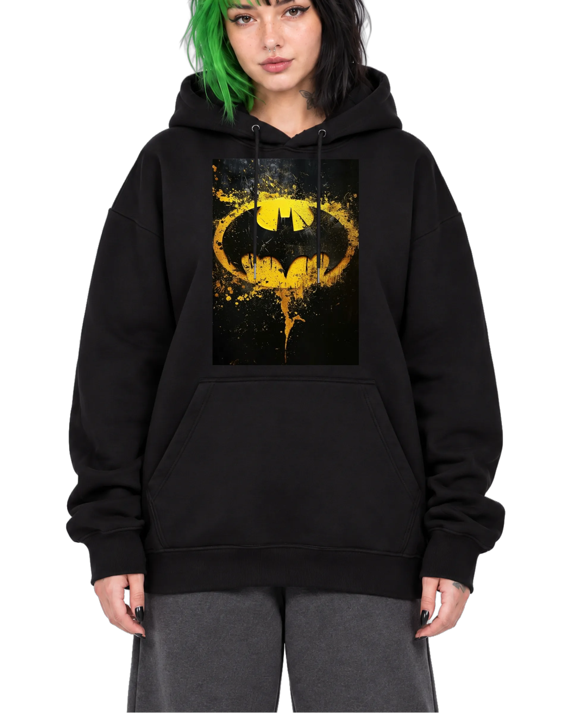 Blusa Moletom Canguru Batman Amarelo Estilo Grunge Preta - Imagem 1
