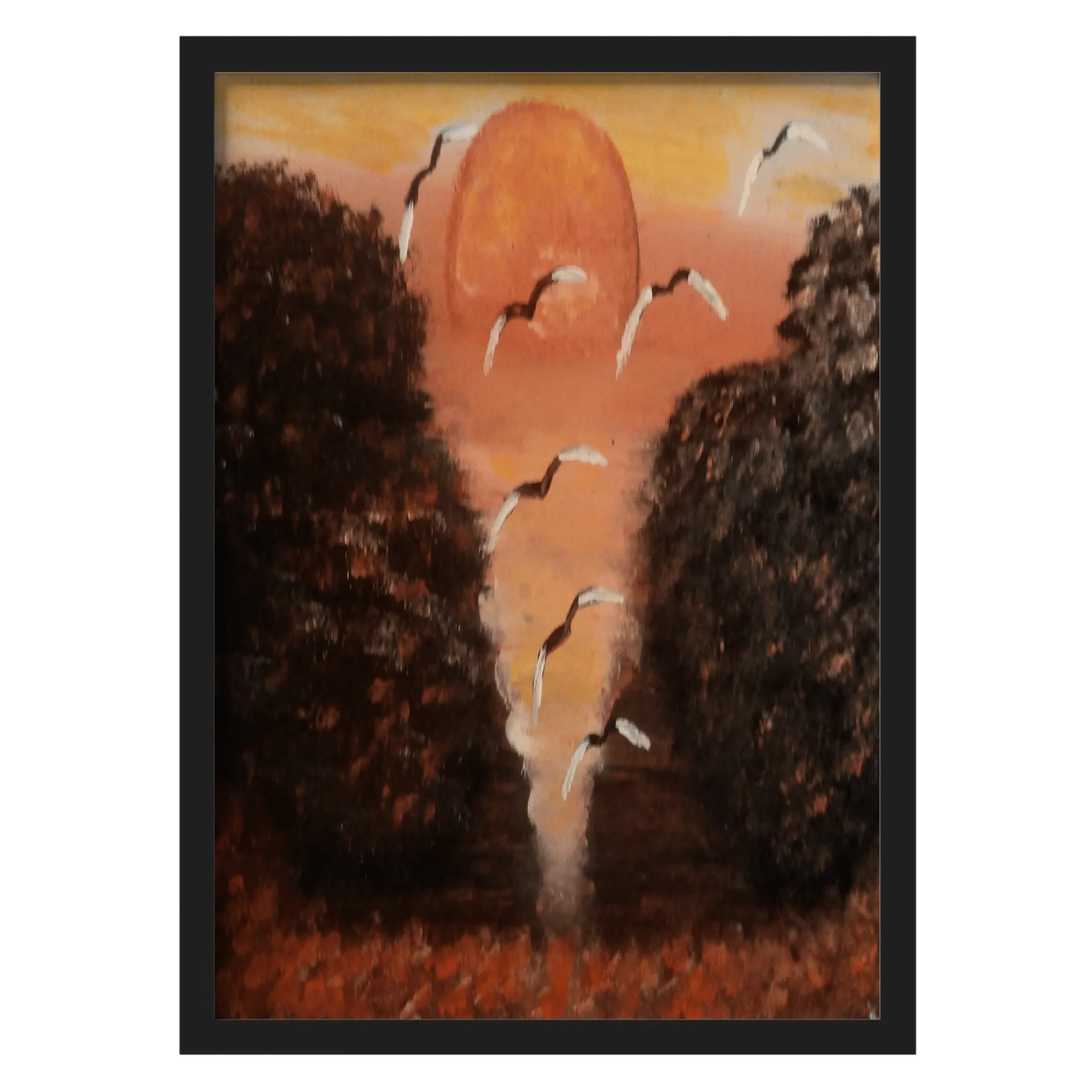 Quadro Paisagem Pintada com Sol e Aves A3 com Vidro - Imagem 1