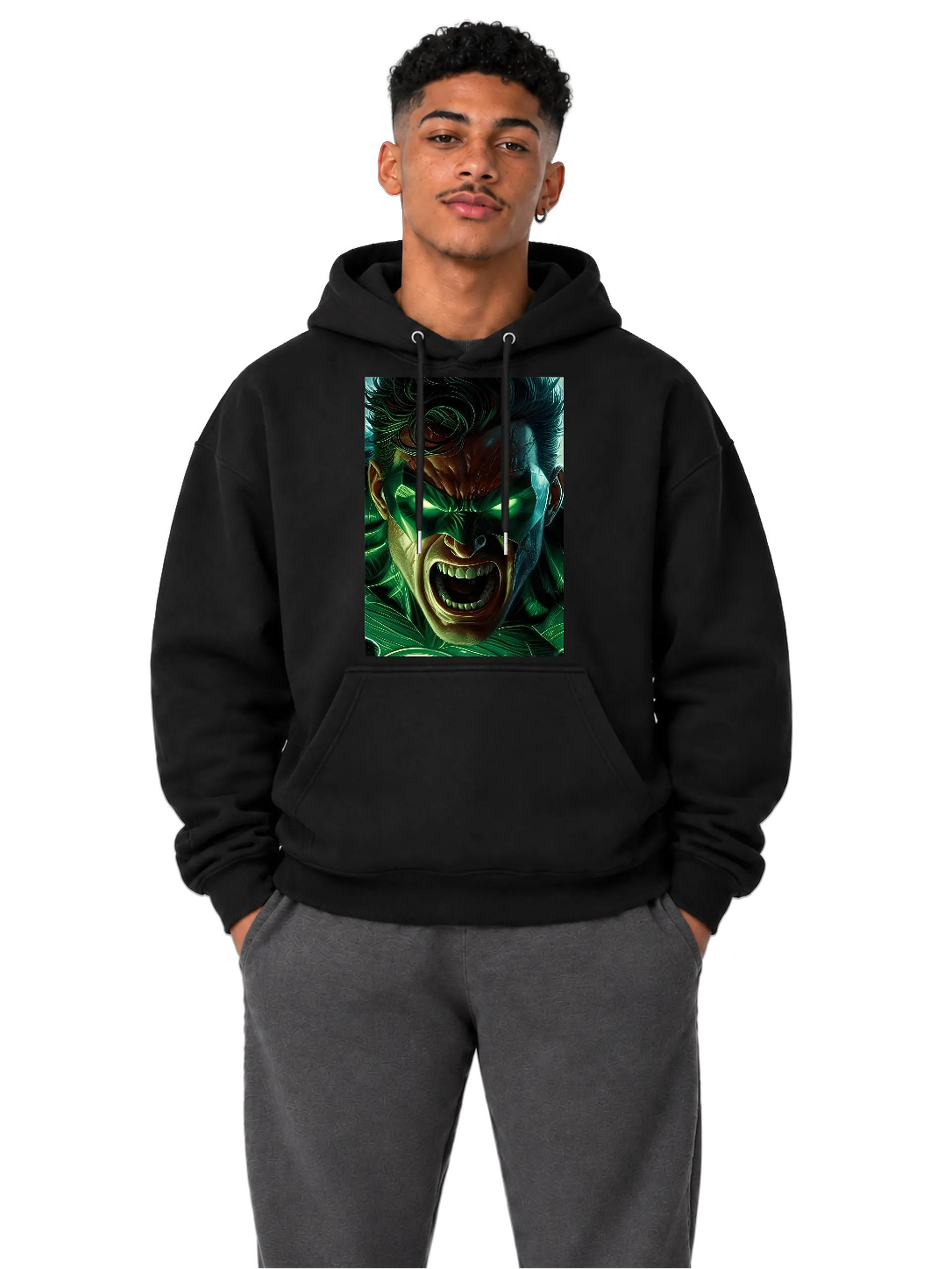 Blusa Moletom Canguru Rosto com Olhos Verdes em Estilo - Imagem 3