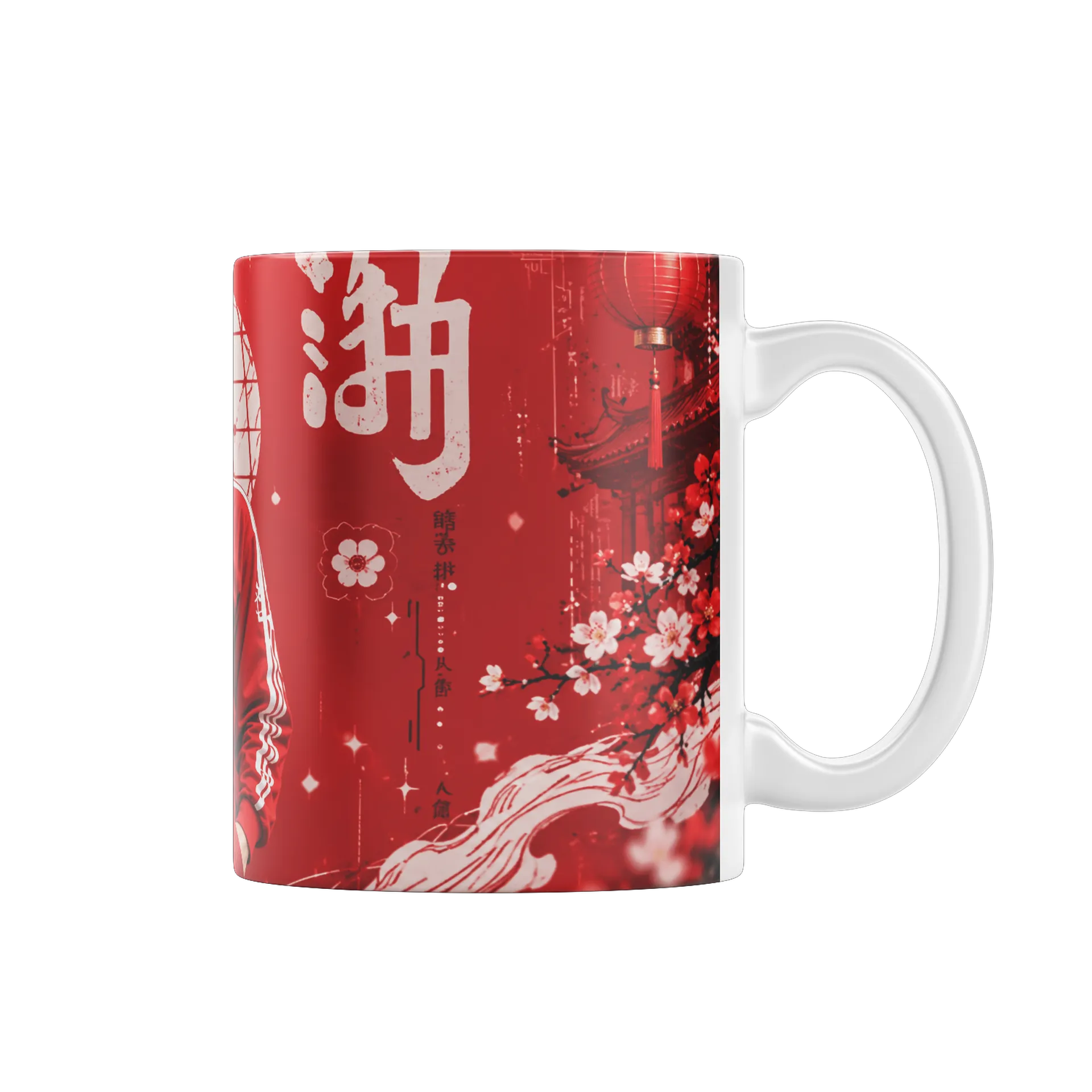 Caneca Porcelana Retrato Oriental e Flores de Cerejeira - Imagem 1