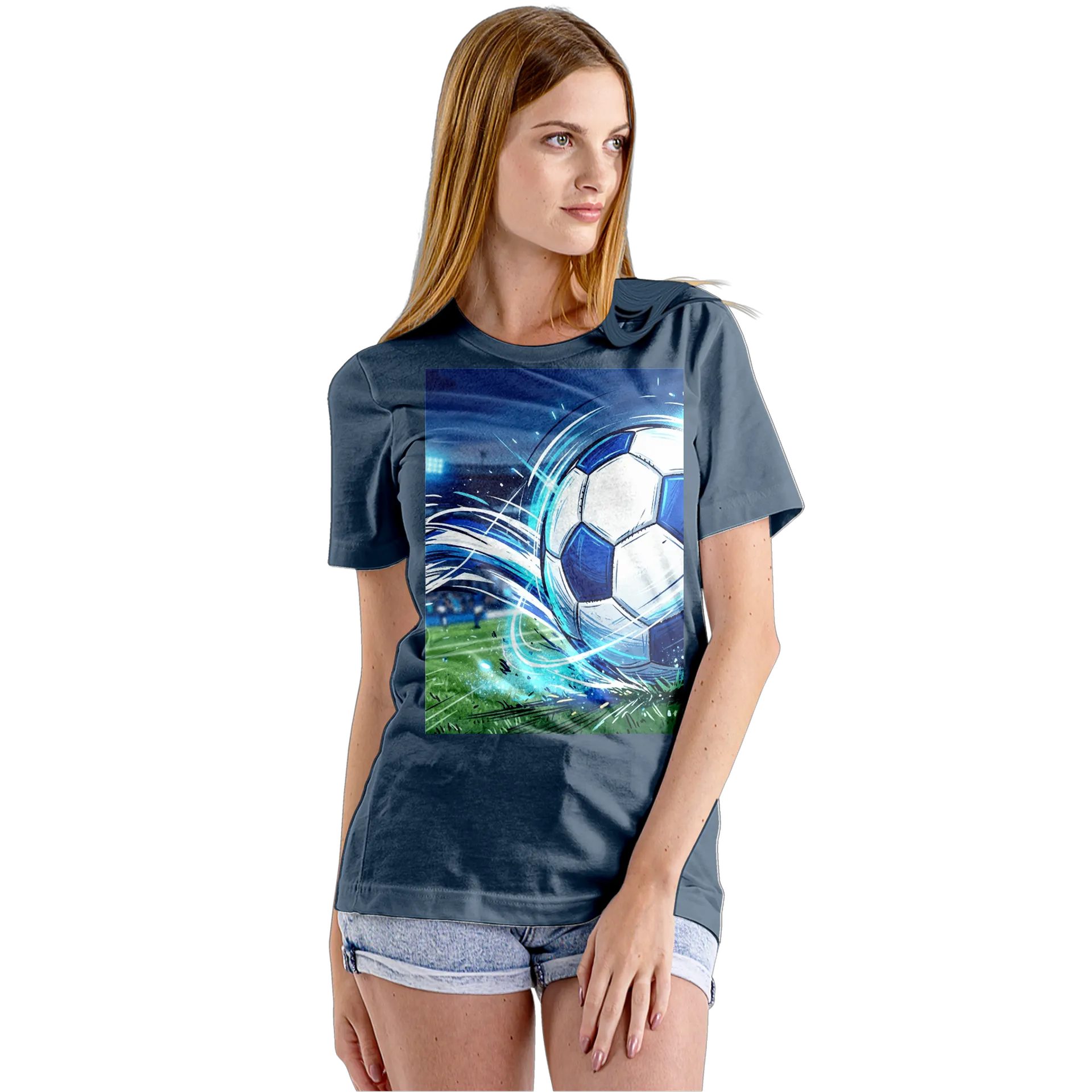 Camiseta Babylook Bola de Futebol Azul e Branca 100% Algodão - Imagem 5