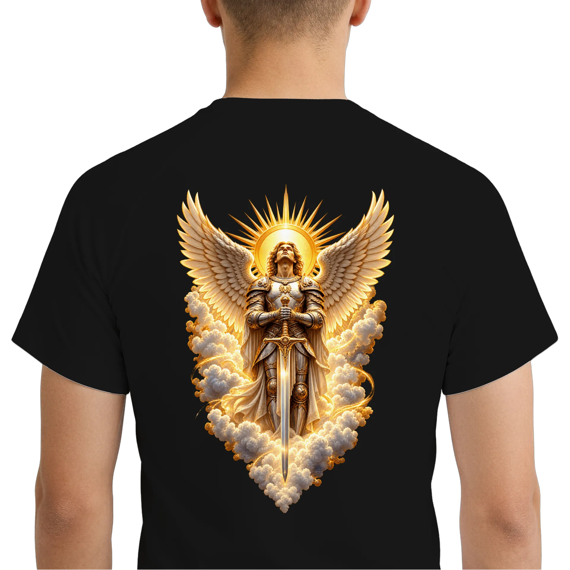 Camiseta Dry Fit Anjo Guerreiro com Asas Douradas Unissex - Imagem 6