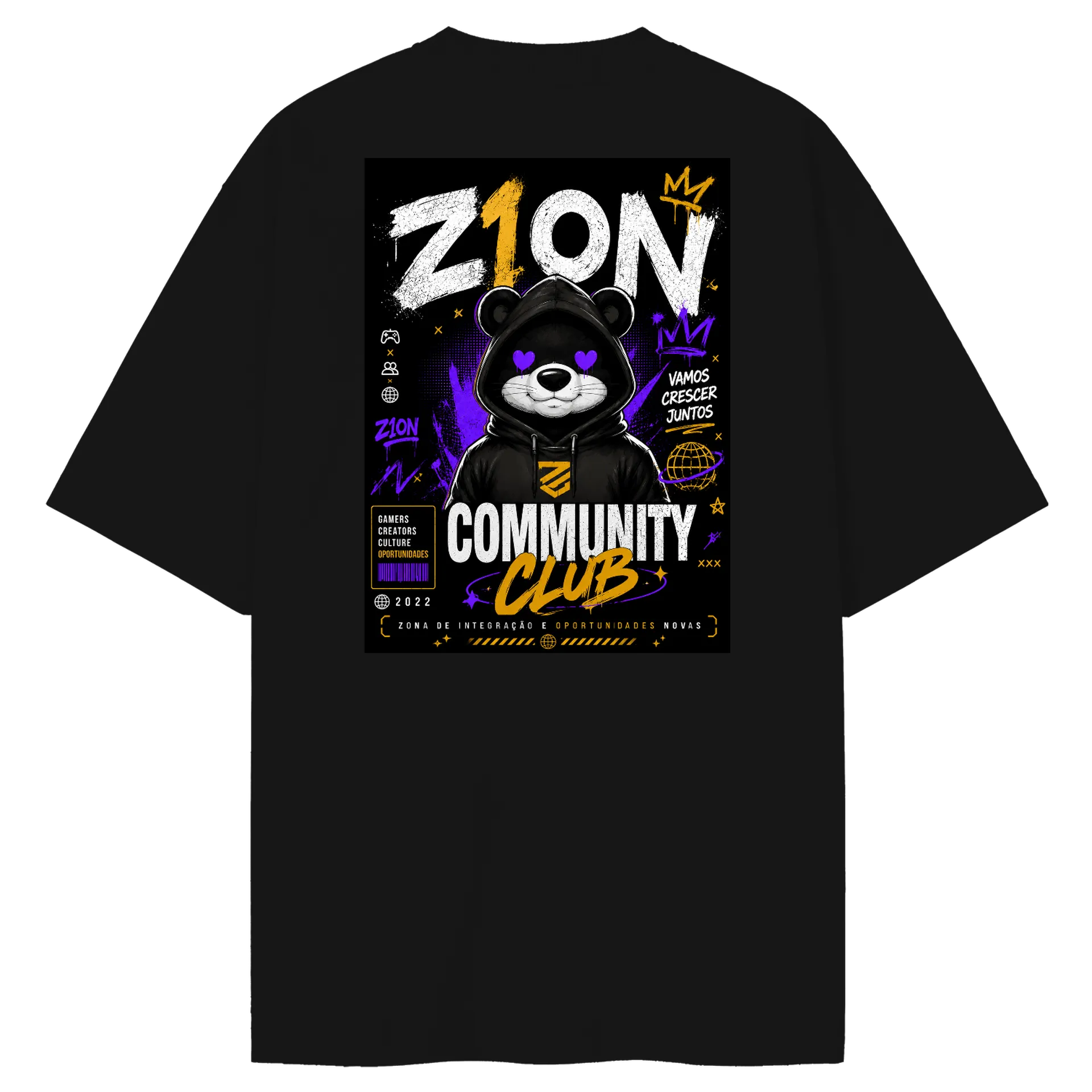 Camiseta Oversized Urso com Capuz Preto 100% Algodão de Z1ON